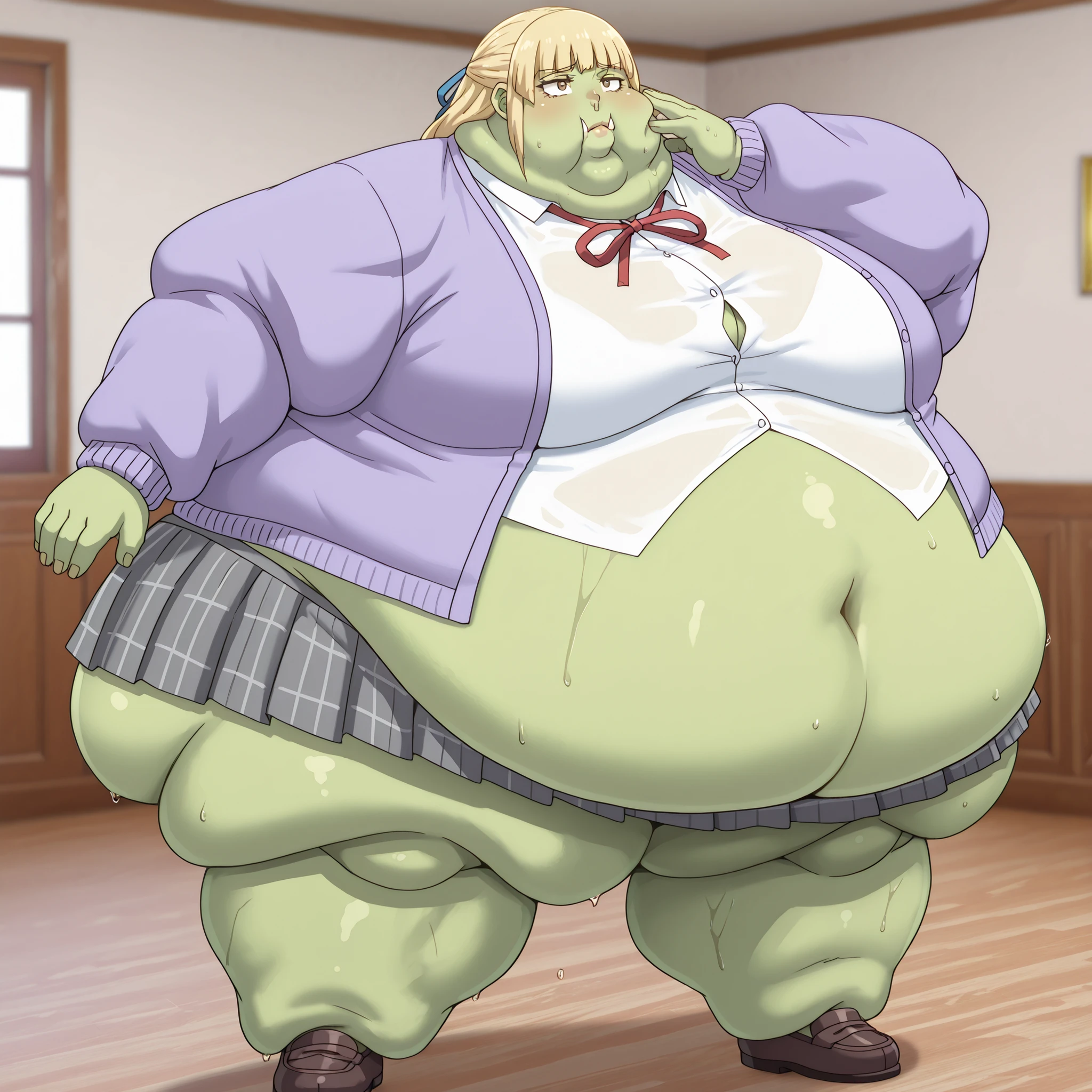 Becoming a orc, monster, Orc, Female Orc, green skin, tusks, Orc, fangs, 1girl, white shirt, school uniform, brown eyes, skirt, breasts, blonde hair, purple jacket, soaks, shoes, blank_stare, empty_stare, fat, chubby, obese, gigantic arms and legs, large breasts, sweating, wet body, swollen face, Fat_neck , Fat head , eyes with crushed cheeks , nose with crushed cheeks , mouth with crushed cheeks , chin roll,
only head, large head, oversized limbs, large hands, large feet, oversized feet, oversized fingers, big lips, plump lips, fat face, fupa, big fupa, fat fupa, clothes ripping, clothes stretching, clothes tearing, one hand touching face, one hand touching stomach