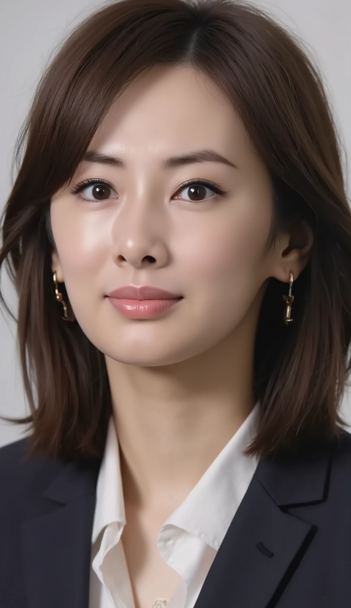 Neat Young Woman、looking at the camera、office lady suit、jacket、shirt、Ear piercings、、前髪あり 、髪型セミロング、無表情、、face close-up、The background is office