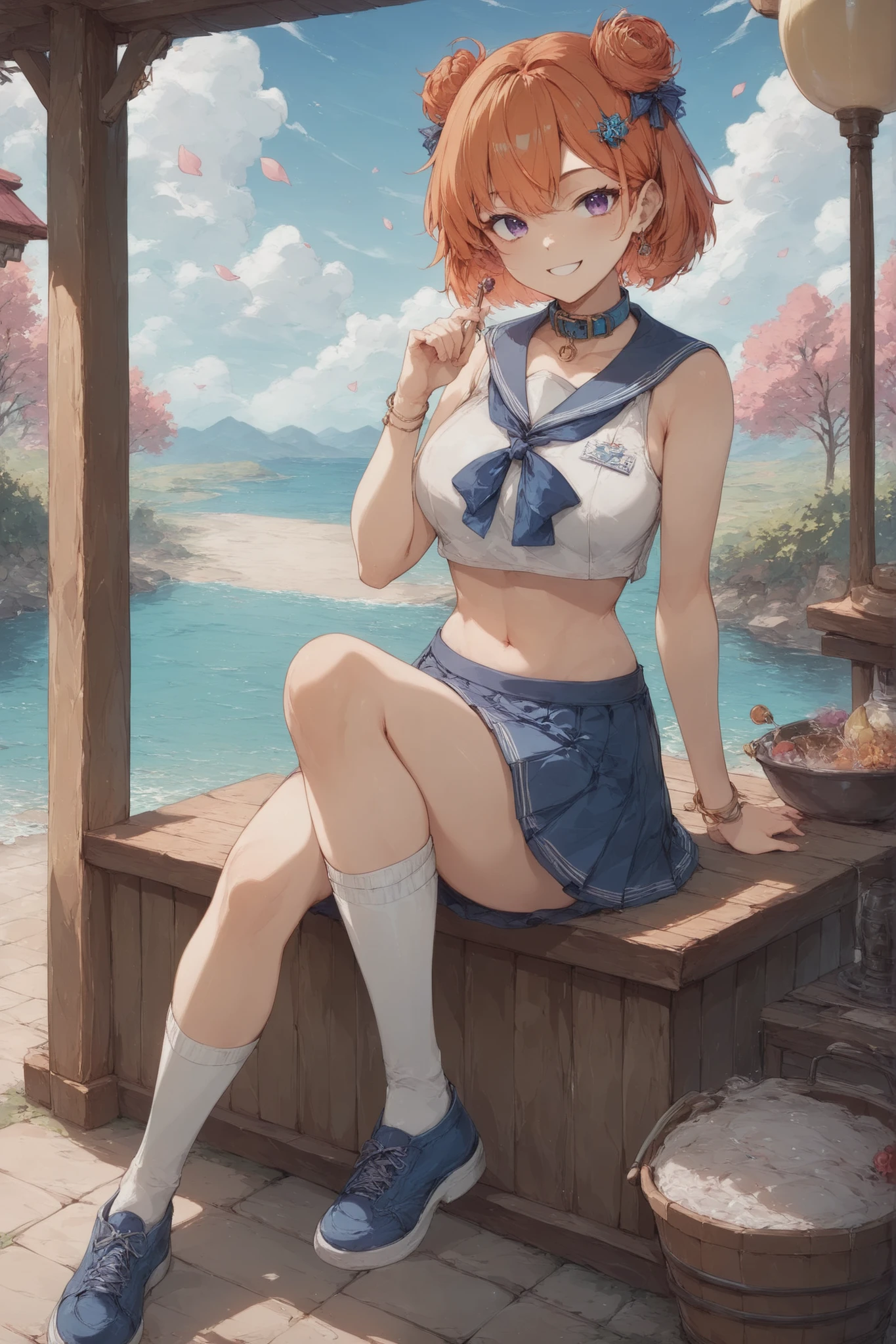 anime style、thin reddish orange hair、short bob、hairpin that imitates a cherry blossom flower on the left、Purple Eyes、with a mischievous smile、mini sailor suit 、The color is blue collar and white base、The ribbon is yellow、skirt is a last-minute mini blue and white line、Black Knee-High Socks、I feel the wind while sitting in a tetrapot at the seaside