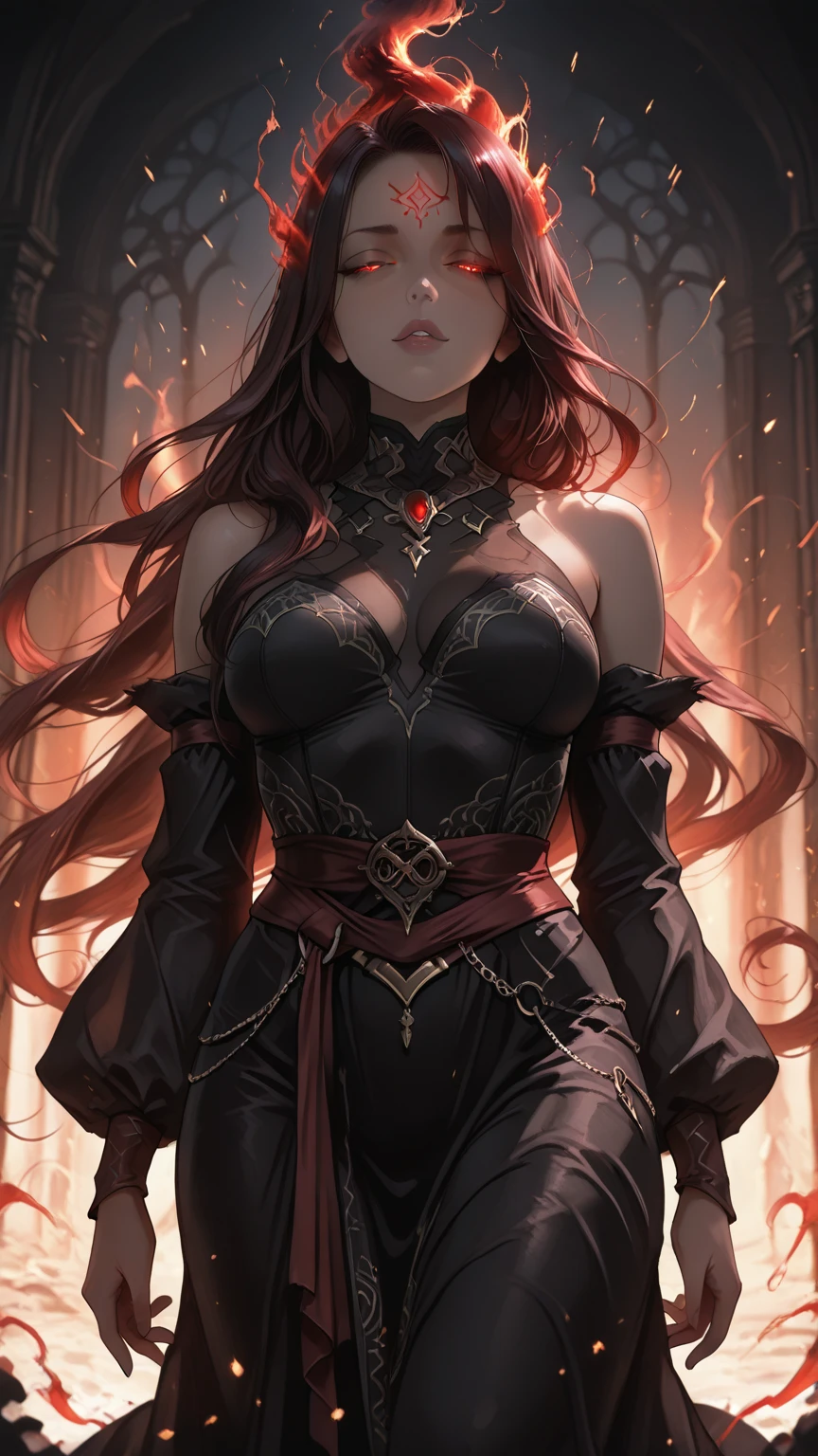 (Best quality, 4K, high-res, masterpiece:1.2), ultra-detailed, photorealistic:1.37, fierce warrior woman, detailed chiseled face, intense eyes with a red piercing gaze, long wavy hair with golden highlights, adorned with a detailed armor that sparkles, encompassing a dark environment with a haunting background that adds an ominous atmosphere with an ethereal glow, sharp contrasts, exuding a menacing presence and captivating expression, embodying a sinister beauty with a mythical aura, poised elegantly against foreboding shadows, her intense gaze and unearthly charm radiates a supernatural
