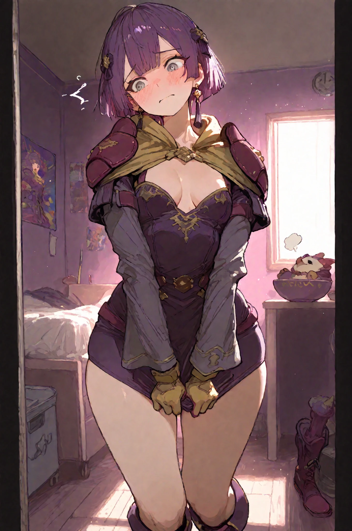 (1girl, solo) ,()warbndta, purple hair, bowl cut, grey eyes, hair ornament, earrings, shoulder pads, yellow capelet, purple dress, pencil dress, short dress, long sleeves, cleavage, yellow gloves, short skirt, purple boots (),) (skinny arms), , (hyper bottom heavy body:1.2) (embarrassed emotions:1.2), (skirt tug:1.2), (a woman in a military dorm room) (specular and volumetric lighting:1.1)
comic_drawing_style, pop art, (detailed artwork) colorful, high image quality, detailed details, ) (small breasts) (breasts apart) masterpiece, ultra-detailed, absurdres, newest