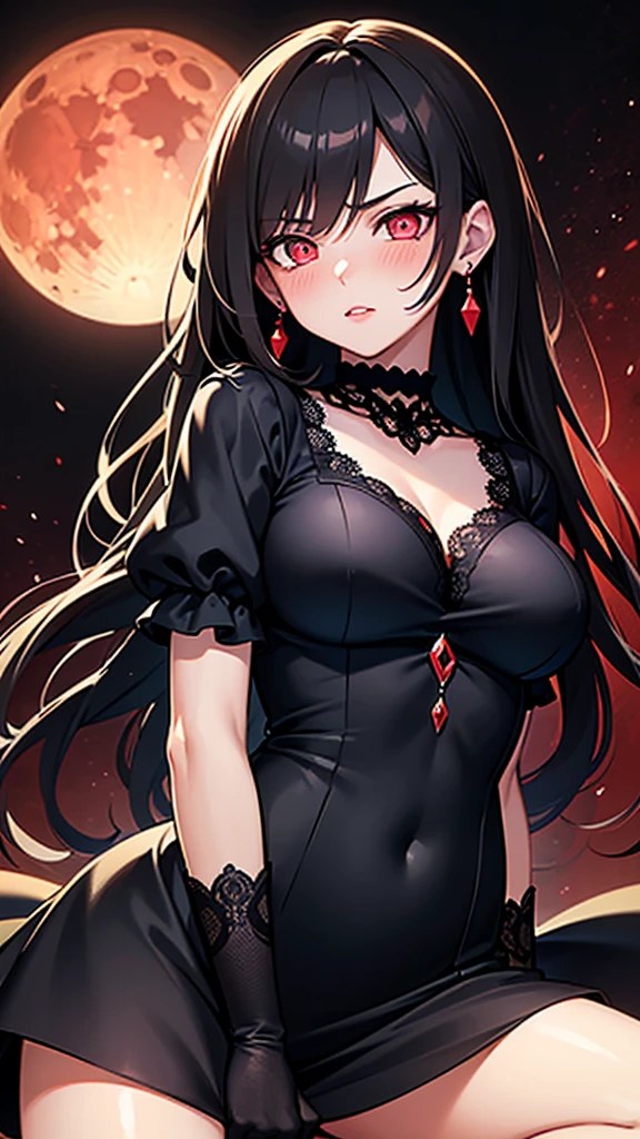 Masterpiece, very detailed, ultra detailed, one, (1 woman), she is in a simple black dress with red and gold details, and in an elegant position, super mature, tall, milf, mature mother, super long hair, straight hair, ultra-black hair and Hair on the sides, big black demon horns, beautiful, charming, bright Blood red eyes, elegant,  (huge),  , cheerful , cold-blooded face, neutral face, charming, dark red background, dark red atmosphere, against the background of a luxurious balcony and a beautiful big moon.