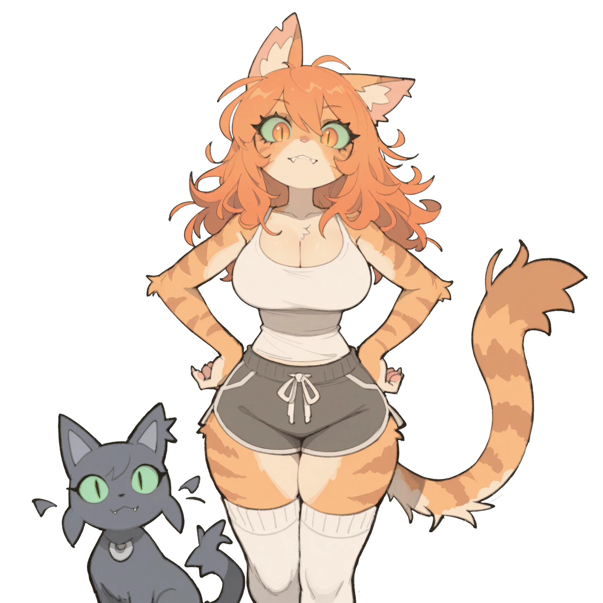masterpiece, ultra-HD, impressionism, high detail, best quality, very aesthetic, 8k, best quality, beautiful, tmchng, 1girl, solo, anthro furry, cat, tabby fur, long messy orange hair, green sclera, slit pupils, eyelashes, almond-shaped eyes, cat ears, cat tail, sharp fangs, bags under eyes, big breasts, wide hips, narrow waist, thick thighs, slim, white tank top, cleavage, black dolphin short, white thigh high socks, expressionless, cute, hand on hips, standing, looking at the viewer, simple background, front view