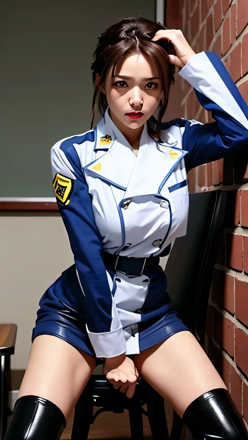 Private room with dark brick wall,standing in the teacher's house,hands raised up and restrained with chains,Both legs are opened and restrained with chains,I'm being held in a room,I'm chaining my hands,A beautiful woman with and a thin waist,より鋭くdelicate表情を描くことができますか,blue and white super big breasted military uniform,Dark Haired、sad expression,,black leather miniskirt,,ロングboots,amazing thighs,Beautiful legs, , womanhood,あなたはblue and white super big breasted military uniformの制服で、can you draw a costume with a bigger ,, No face trimming,彼womanhoodの顔にもっとシャープでdelicate焦点を当てた表情を描けますか, more clear, delicate, Concentrated Expression,reality,I'm being held in a private room,,short skirt,amazing thighs,Barefoot,Beautiful legs,boots,No trimming from the top of the head to the tip of the shoe,can you draw well according to your point of view,Can you draw more focused delicate facial expressions,can you draw a costume with huge breasts,amazing thighs,Barefoot,ロングboots、I'm being held in a private room,爆乳ミニスカート衣装のwomanhood,Her are hidden by her clothes, No face trimming,拘束されてsad expressionの女性を繊細に描けますか,,Alone,Woman in a short skirt sitting on a chair doing paperwork,I can see the bright blue pants,can you draw a sharp expression that focuses more clearly and delicately on her face {x} can you draw a sharp expression that is in focus more clearly and delicately,they are being held with sturdy handcuffs,They are connected to both legs with restraints,