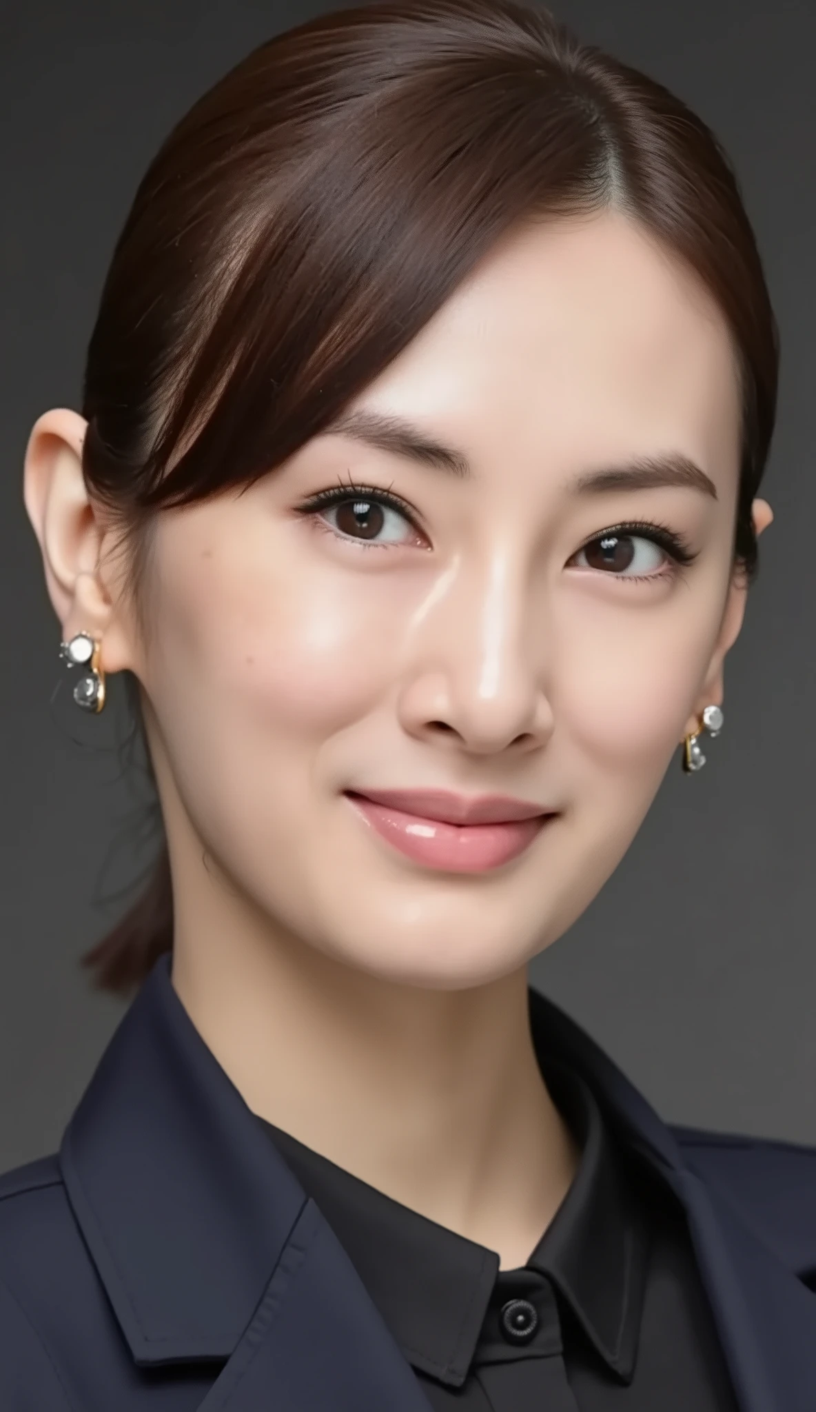 Neat Young Woman、looking at the camera、office lady suit、jacket、shirt、Ear piercings、、前髪あり 、髪型セミロング、無表情、、face close-up、The background is office