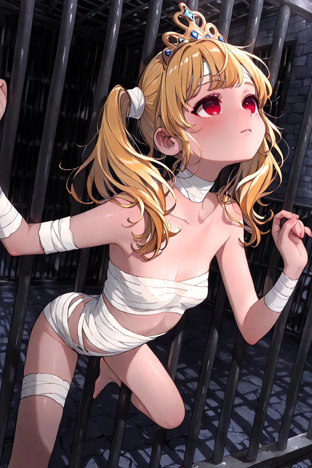 Shiny blond hair, very long hair, sophisticated haircut, ((((hair fully braided)))), ((small twisted braids)), thin and oval face, submissive, (((()))), cute and blushing 18 years old anime girl, look away because she is embarrassed and blushes, bright blue eyes, detailed face, detailed members, detailed arms, detailed hands, Girl lying, tied by ropes, shackled, can no longer move, tied tightly, very hard tied up with lots of ropes, hampered by so many ropes that she can no longer move, bound hands and feet, ropes tie his whole body, tied extremely tightly and forcefully to her bed by a lot of ropes, its limbs are strongly tied together by ropes, his torso is tied up with thick cords, her  is so tied up with ropes that it sticks out, her legs are tied tightly with thick ropes, his hands are tied behind his back with ropes, she can no longer move her feet, her hands which are tied by thick ropes, she desperately tries to free herself, likes to be tied tight with big ropes, likes to be immobilized by big ropes, lying down, his hands and feet are strongly tied to the railing of his bed, his legs are pressed together and tied with ropes, its limbs are held vigorously by imposing ropes, her hands are tied securely behind her back by ropes, her  is compressed by strong ropes, she is pressed against her bed and restrained by large ropes, (, arms behind the back:1.4), (hands on the back), (masterpiece, best quality) 1.5, 1girl, solo, (, beautiful woman, perfect face, perfect eyes, perfect hands), samus aran, (hands on the back), Spread the legs, s' ((lie in bed by big ropes)), ((close up of the girl)), ((((lie in bed)))), ((((arms tied behind the back, Legs Tied,La fille est allongée sur le ventre, The girl is gagged with a  on the floor:1.5)))), ((((girl seen :1.4)))), ((((girl lying down on her stomach;1.4))))