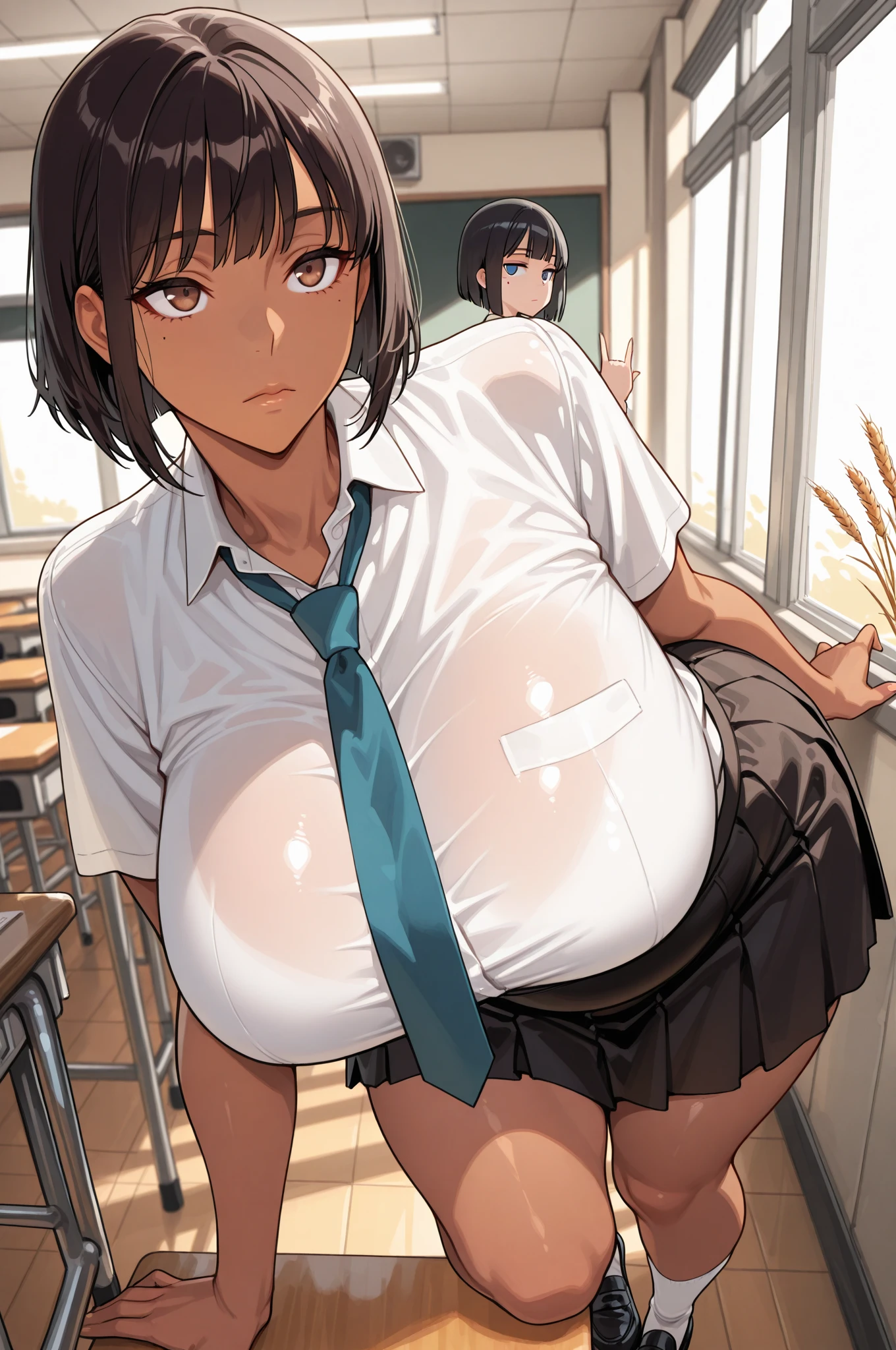 (masterpiece), best quality, expressive eyes, perfect face, two dark skinned women standing next to each other grabbing each other's ???????, dark skin, ????????????????, wearing an ??????????, brown hair, short hair, jean skirt, 2girls
