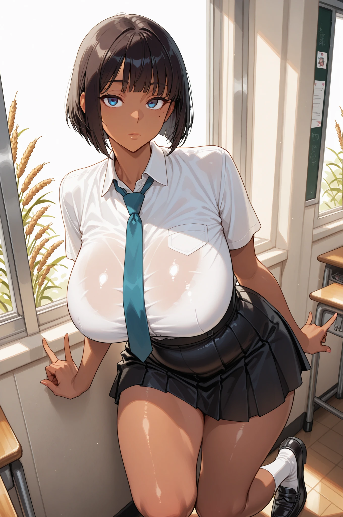 ((highest quality)), ((masterpiece)), (detailed),solo,Perfect Face,(detailedな青い目):1.5,cute,18-year-old,sexy,high school girl,((日本のhigh school girlの制服の白い半袖のシャツ,Unbutton all white shirts)):1.5,Navy blue pleated mini skirt,((Big Breasts)),(Cleavage),((Nipple bumps)),Perfect slender body style,Pink Hair,Short Bob Hair,(Pure Bangs),((See-through)),(School classroom):1.5,((Sit on the desk with   exposed,Leg spread,Sit with your knees apart)):1.5,((The  are fully visible)):1.5,(detailedな),