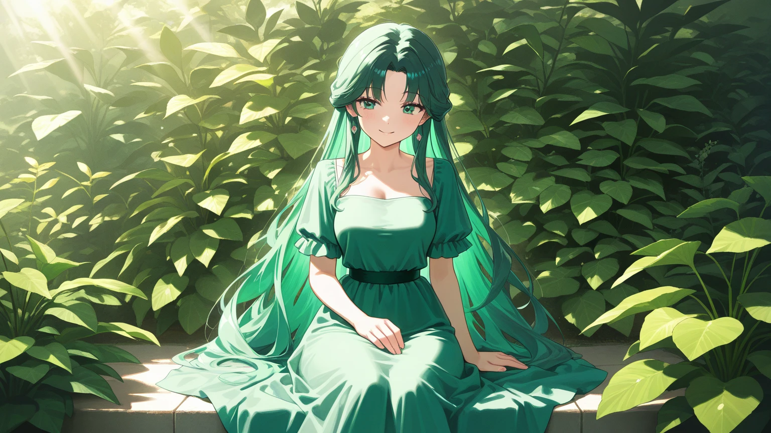1 girl, solo, looking at viewer, fairy, long green flowing hair,  effect on hair, yellow eyes, white flowing dress, in the lake bathing, surrounded by sprites, lush forest background, best quality, highest quality, high resolution, stylized, (masterpiece:1.2), realistic lighting