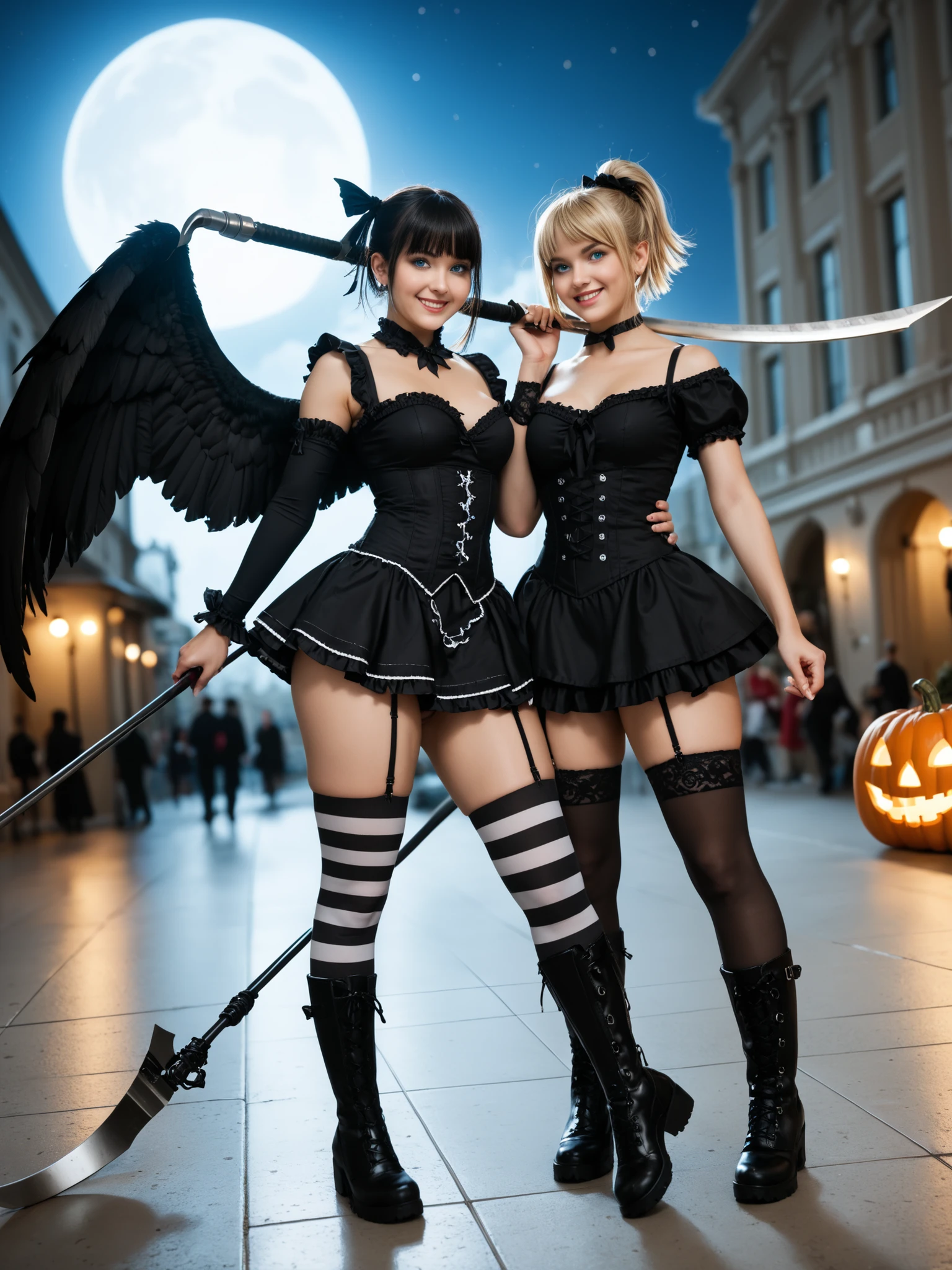 Score_9, Score_8_up, Score_7_up, Score_6_up, Score_5_up, Score_4_up, Source_real, Tag1, Tag2, Anatomically correct, realistic, 2 girls, beautiful girls, Highly detailed beautiful face and eyes, blue eyes, blonde hair, Detailed skin, big ass, (thick thighs:1.2), (wide hips:1.2), curvy, (oiled body:1.2), smiling, (short ponytail hair with bangs), (tanned skin:1.2), Jack-o'-lantern, (black and white striped stockings, garter belts, gothic lolita dress, (black wings:1.2), combat boots, holding giant scythe), (dynamic battle stance:1.1), (legs spread shoulder-width:1.1), (weapon held diagonally:1.2), Fall season atmosphere, night, Being in the city, Halloween theme fashion show,