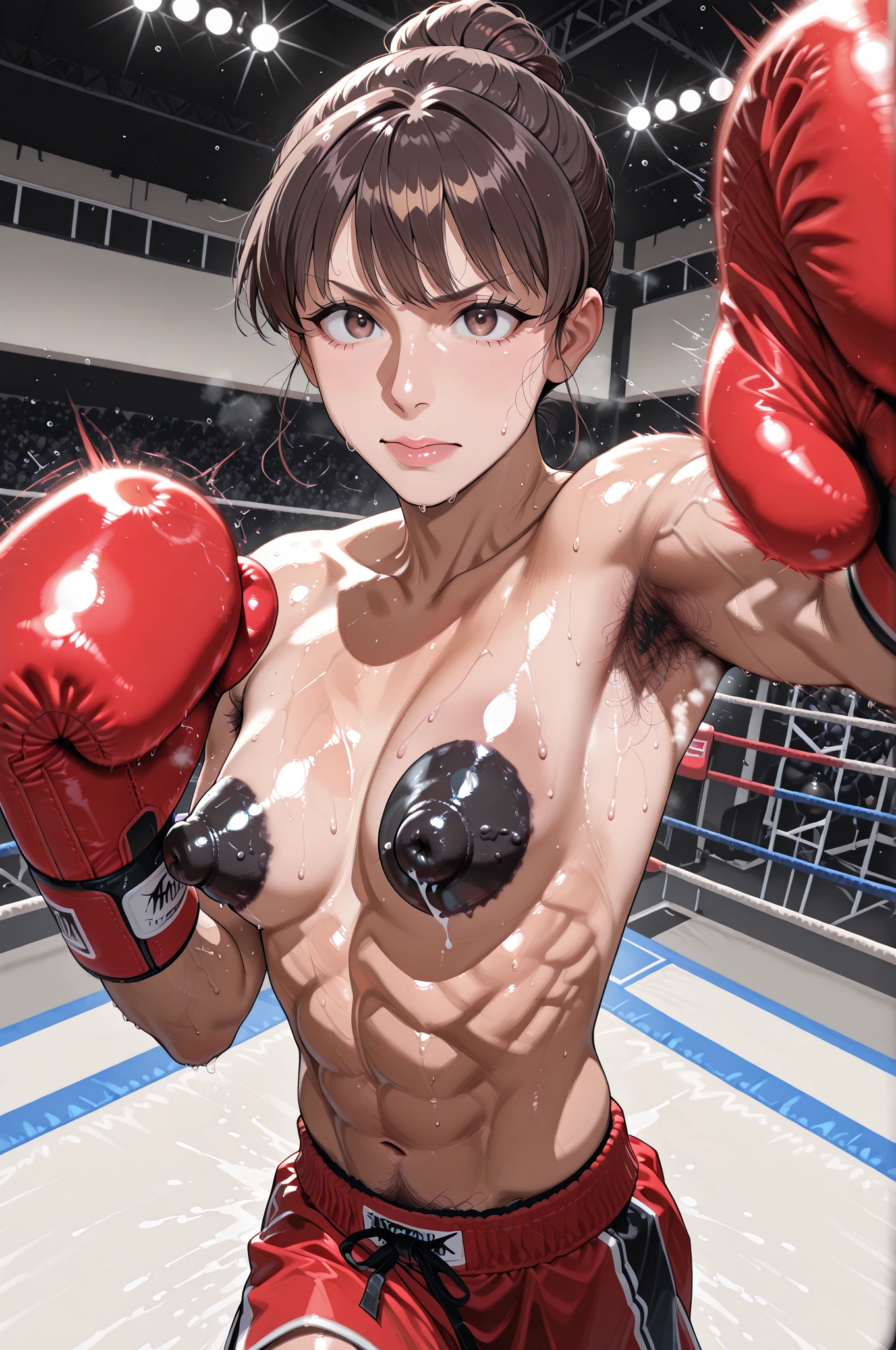 Drenched in sweat and covered in bruises, she is in a mixed martial arts ring against a female fighter. Her opponent woman touching her face belly by a fist. One eye closed and mouth open, she is gasping for breath and drooling. She is a cute Japanese high school girl with short-cut black hair. ?????, and open-finger gloves. Small ???????, poor belly, slender body, poor body.