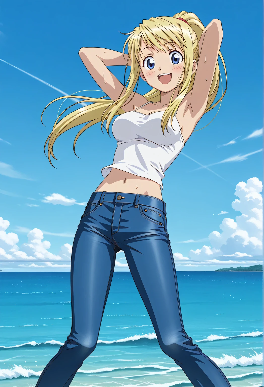 score_9, score_8_up, score_7_up, source_anime, highres, hi res, ((best quality, top quality, perfect quality, Highest Quality, amazing quality)), {{masterpiece}}, {{an extremely delicate and beautiful}}, 2d, intricate details, official style, anime, 8k, anime style, official_anime, official art, digital painting, cell shading, soft shading, high resolution, soothing tones, Subdued Color, Soft cinematic light, adobe lightroom, photolab, HDR, intricately and hyper-detailed, ((high quality animation)), 1 girl, Alone, solo, ((ocean)), tsunami, on the water, day, sunny, outdoors, sky, windy, winry rockbell, blue eyes, blonde hair, long hair, ponytail, anime screencap, medium breasts, white camisole top, crop top, white crop top, best quality, hyper-detailed jeans, ((blue jeans:1.9)), (dark blue jeans:0.6), full medium body, medium shot, Open mouth, smiling, happy face, blush, sweat, standing, ((arms behind head:6.0)), bowlegged, jumping pose, action, looking at viewer, spread legs, Bend knees slightly, straight-on front view