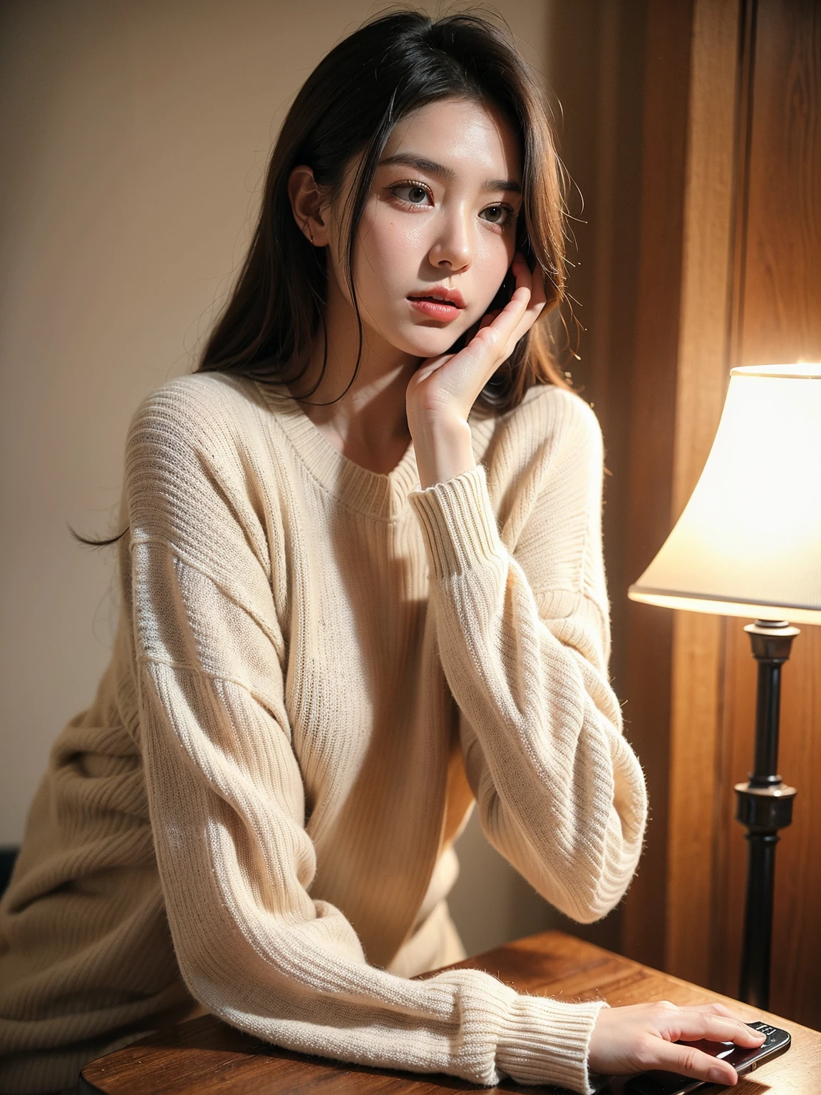 absurdres, RAW photo, extremely delicate and beautiful, masterpiece, Best Quality, ultra high resolution, 32k, hyperrealistic, ultra-detailed, perfect ???????, anatomically correct, perfect figure, Perfect Style, Perfect balance, super Detailed skin, in her 20s, very Slim body, narrow waist, very small head, very small face, delicate facial features, tearful mole, earring, very huge round ???????, whole body shot, whole legs, medium hair, asymmetrical hair, indoor, knitted shirt, skirt, tie, 