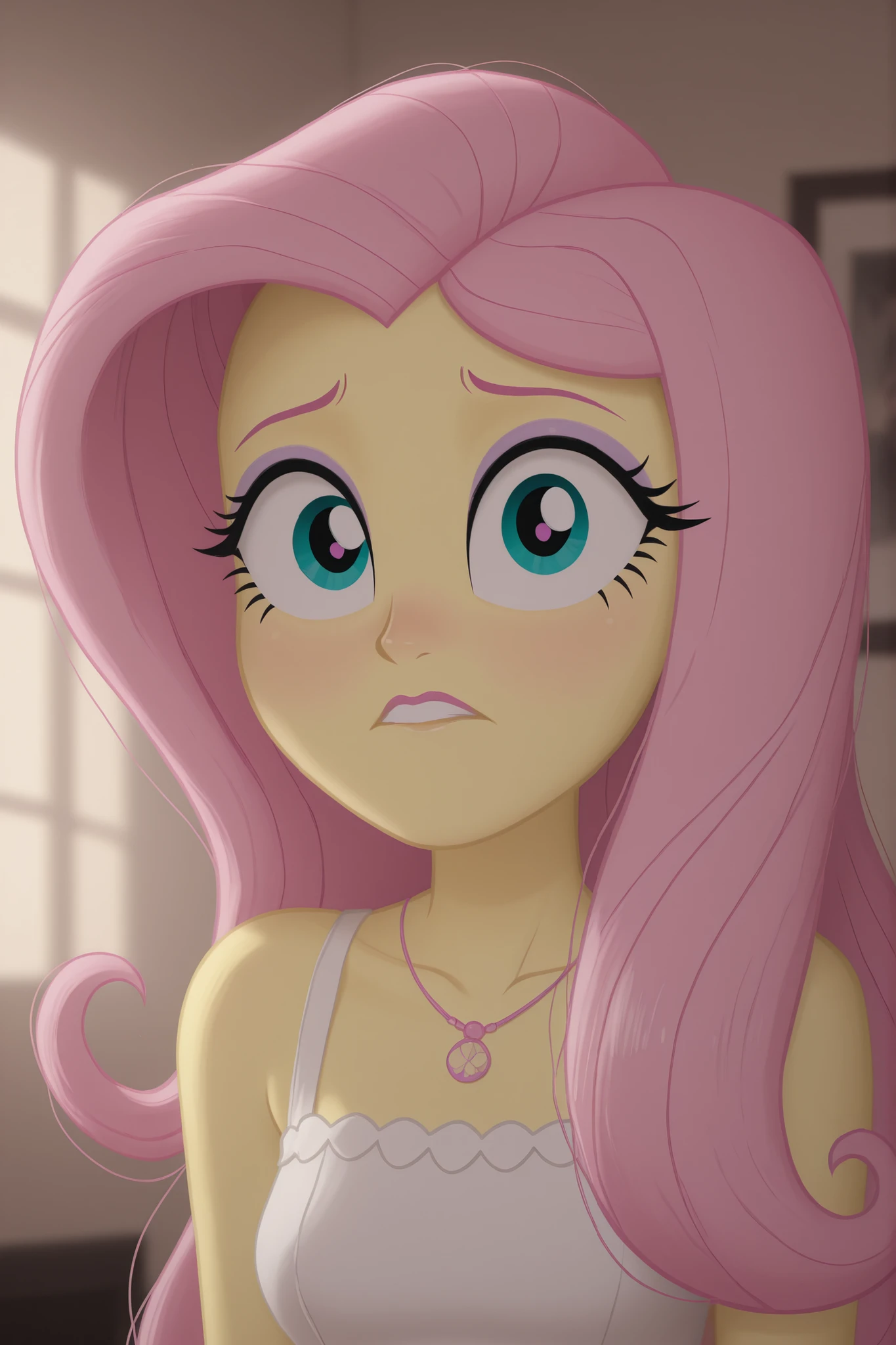 photography, ultra-detailed, RAW photo, Equestria Girls Fluttershy, distinctive yellow skin, flowing pink hair, expressive teal eyes with delicate makeup, mature form with minimal covering, confident yet vulnerable expression, soft lighting, faithful to original animation style
