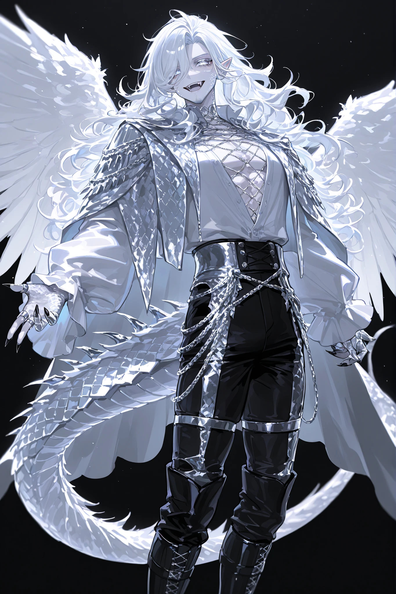 Male character it's a middle-aged mature dragon hybrid. He has snow-white silver metallic skin, muscular, masculine build, and pointed ears. He has silver-white dragon scales, metallic horns , silver-white metallic scaly dragon tail with spikes, and silver-white wings. He has toothy smile (vampire fangs) and snake tongue. He has white metallic eyes. He has longest snow-white wavy hair. He's not shaved-he has a goatee and a Fu Manchu mustache. He is wearing a loose-fitting black unbuttoned blouse, frill, and poet's sleeves. Silver vest with dragon scale print. She wears black trousers with lacing on the sides. Hip-high black boots. A black feathered cape. He has black claws and silver rings. (In the background:a moonlit starry night in abandoned Gothic overgrown castle.)