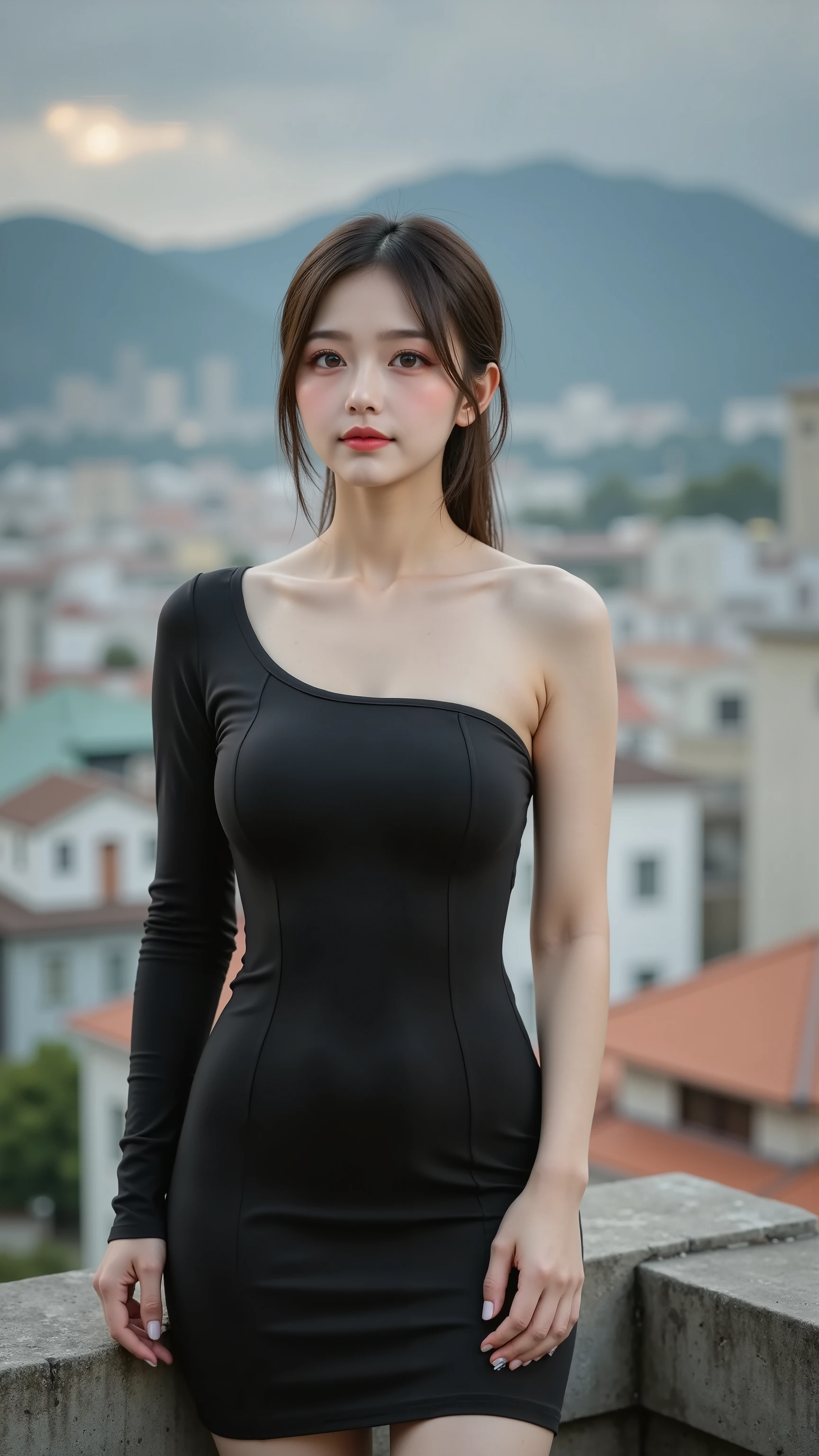 Standing figure of a dependable young woman in a black tight dress, exposing one shoulder, slender body line, (Tighten Waist:1.2), ((BIG BREASTS)), Colourful cityscape in the background, Detailed modeling and retro architecture, Warm light and shadow at dusk, Delicate texture and sharp composition, Realistic, Seimitsu, 4K High Resolution, HDR, Professional, Young woman with beautiful face wearing makeup, Elegantで控えめな表情, Elegant, Elegant Appearance, Realistic, Detailed, 極限的なDetailedさ, Picturesque, 洗練されたProfessional, Highest Quality