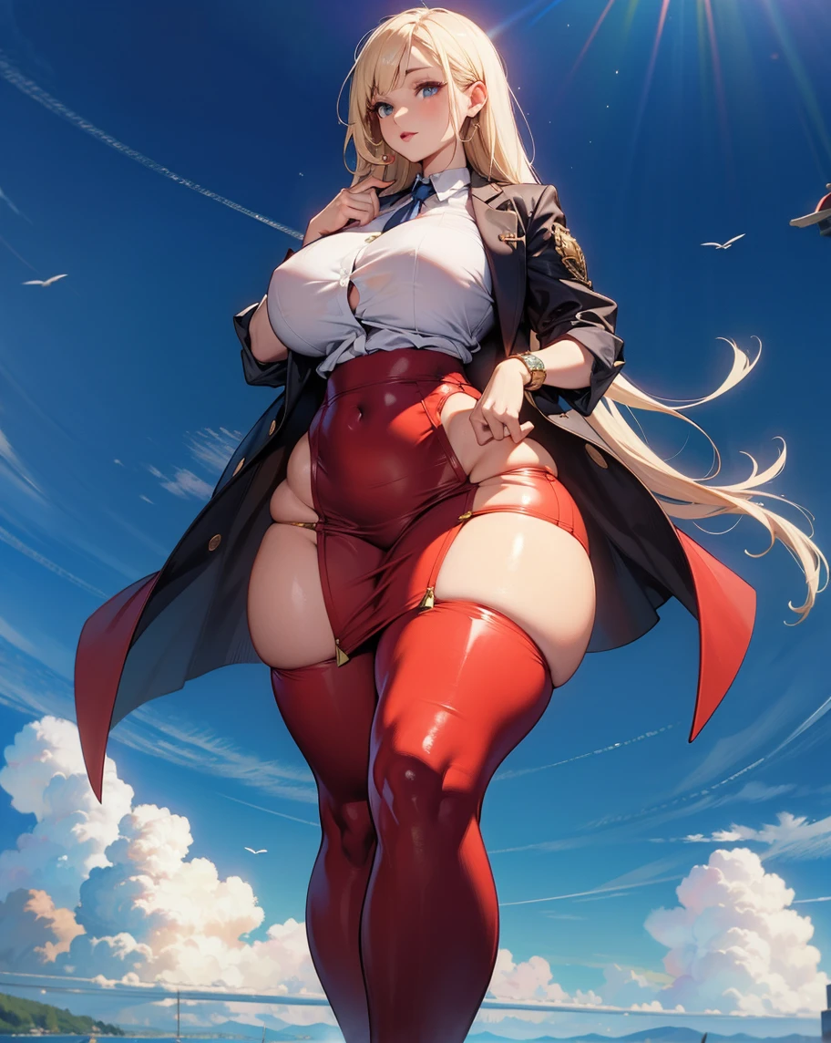 Giant Girl 50,000 feet high，Have a pair of long legs，Have a pair of , Have a pair of huge breasts,Have a pair of huge breasts，Wearing a red bikini，Waist-length blonde hair，Loose hair，Wear a pair of Mary Janes，Blonde curly hair，Full of enjoyment，Standing tall in a crowded city, Vandalism，It seems to be an invincible existence,Beautiful appearance，Exquisite makeup，quality，8K，高quality，(Governor:1.5)，Perfect proportion, theater lighting，Film Grain，Fuji Colors，8K，Textured Skin，Super Detail，High Detail，high quality，high resolution，thunderclap，Fake laugh，Morning，Perfect body,The face shape and eyes are super beautiful