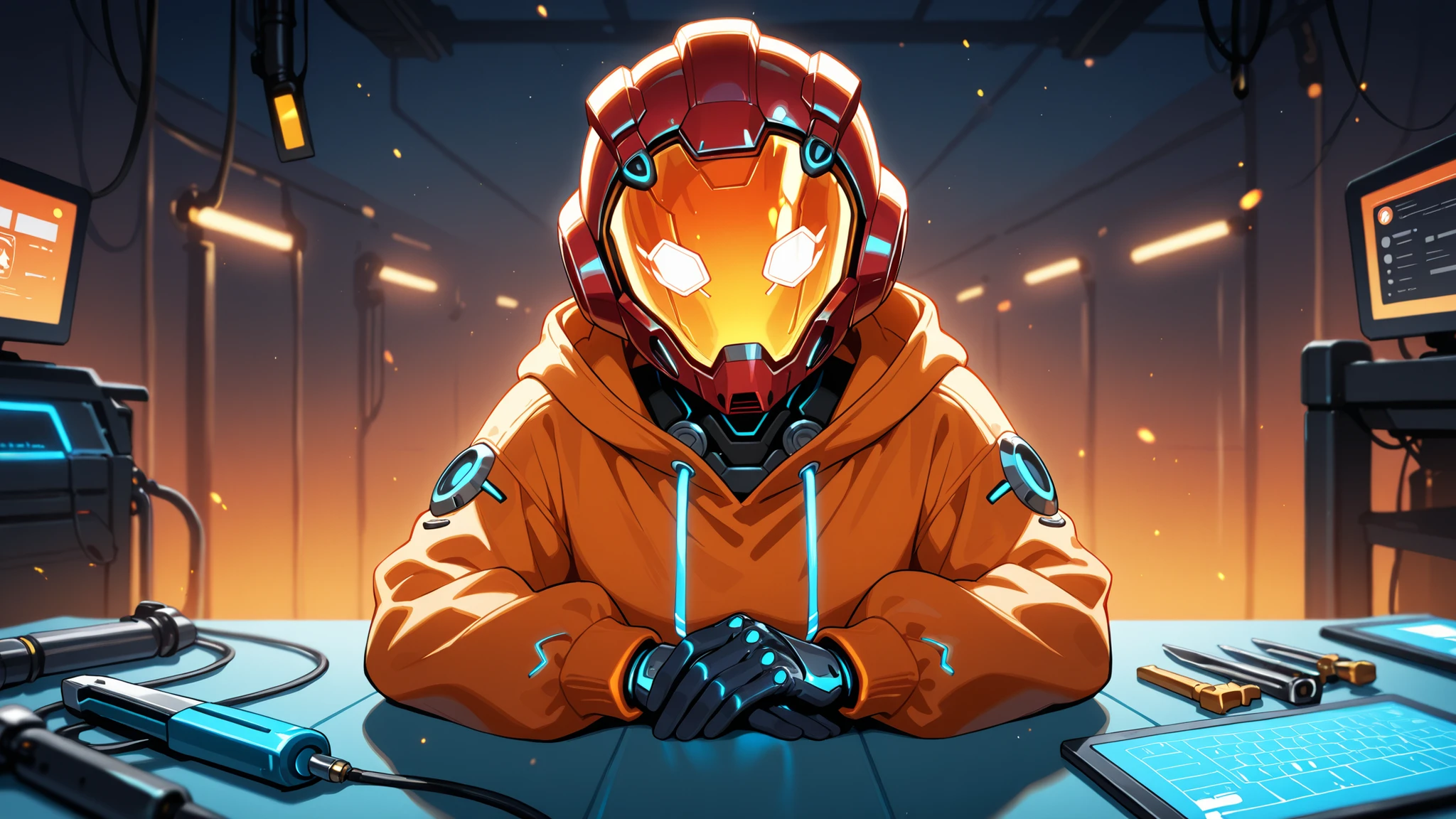 A futuristic youtuber-style talking avatar sitting in a high-tech sci-fi workshop, facing the camera directly as if speaking to an audience, wearing a bright orange hoodie and a spherical red helmet with a glowing blue digital face display that shows expressive anime-style eyes and mouth movements. The spherical helmet screen looks alive, like a digital facial expression panel. The character acts as a YouTube-style AI host, talking confidently with friendly expressions, hands resting on the table with mechanical tools scattered around.. The background is a cyberpunk lab filled with glowing blue lights, computer screens showing ironman blueprints, and scattered futuristic tools. Cinematic lighting, warm orange and cool cyan contrast, anime-meets-realism 2.5D style, highly detailed, 2D cartoon style, 8K ultra-realistic render, soft shadows, depth of field, professional YouTube thumbnail composition, front view, no text.