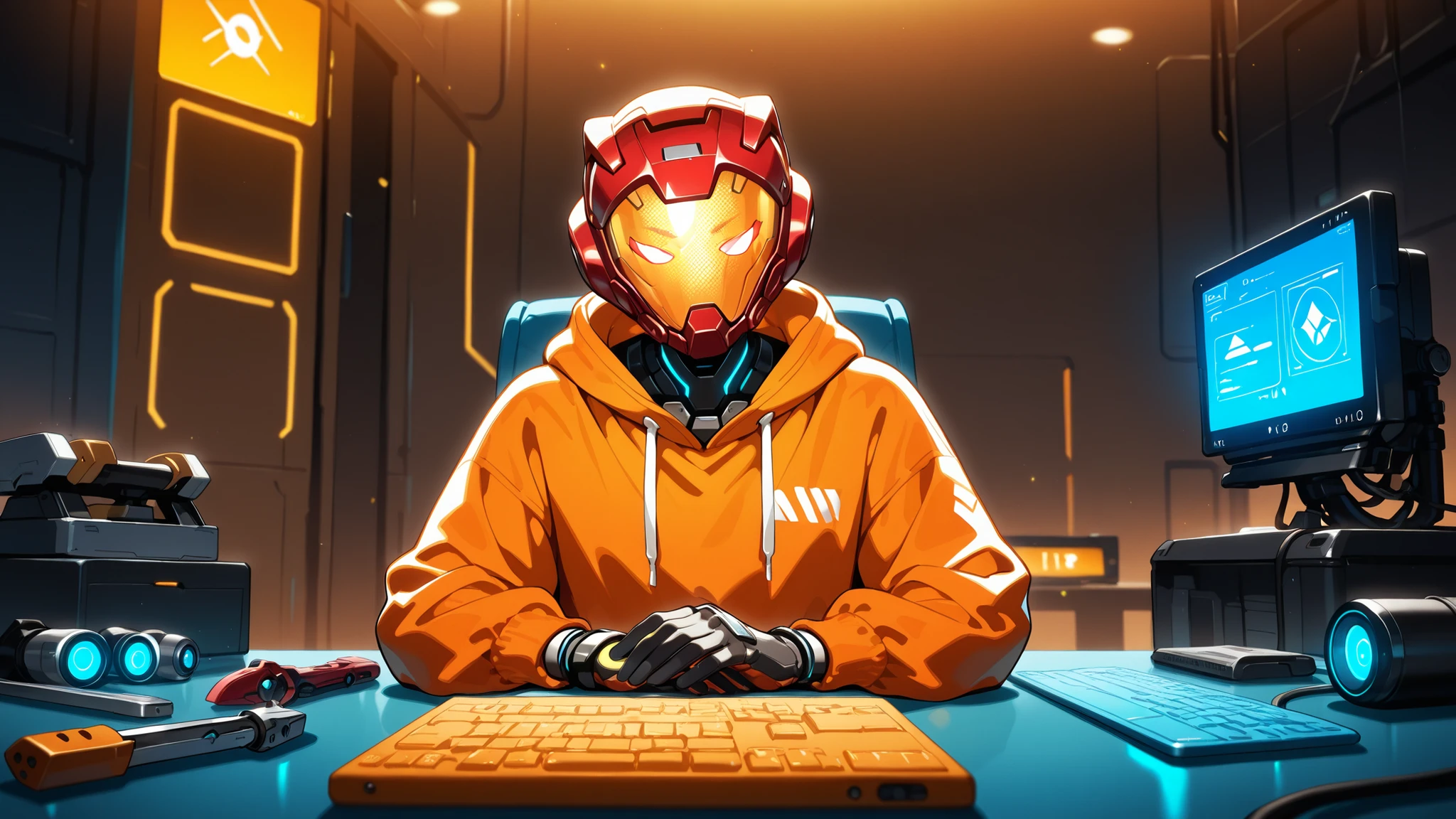 A futuristic youtuber-style talking avatar sitting in a high-tech sci-fi workshop, facing the camera directly as if speaking to an audience, wearing a bright orange hoodie and a spherical red helmet with a glowing blue digital face display that shows expressive anime-style eyes and mouth movements. The spherical helmet screen looks alive, like a digital facial expression panel. The character acts as a YouTube-style AI host, talking confidently with friendly expressions, hands resting on the table with mechanical tools scattered around.. The background is a cyberpunk lab filled with glowing blue lights, computer screens showing ironman blueprints, and scattered futuristic tools. Cinematic lighting, warm orange and cool cyan contrast, anime-meets-realism 2.5D style, highly detailed, 2D cartoon style, 8K ultra-realistic render, soft shadows, depth of field, professional YouTube thumbnail composition, front view, no text.