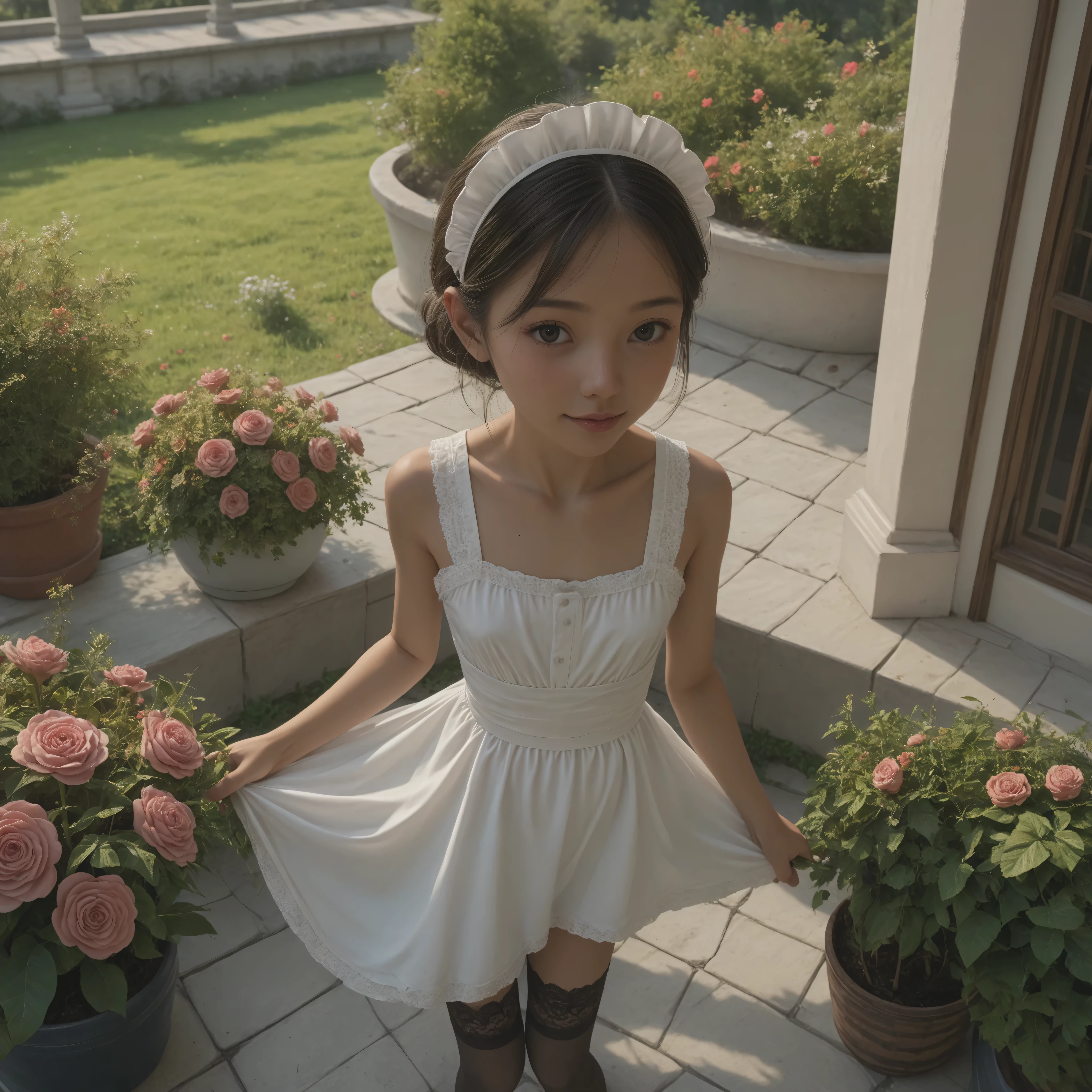 one girl、maids,Look at the audience,(skinny:1.33),(younger:0.67),from above,slouches forward,Watering flowers outside the mansion,japanese,(Smile Yang:0.47),black lace stockings