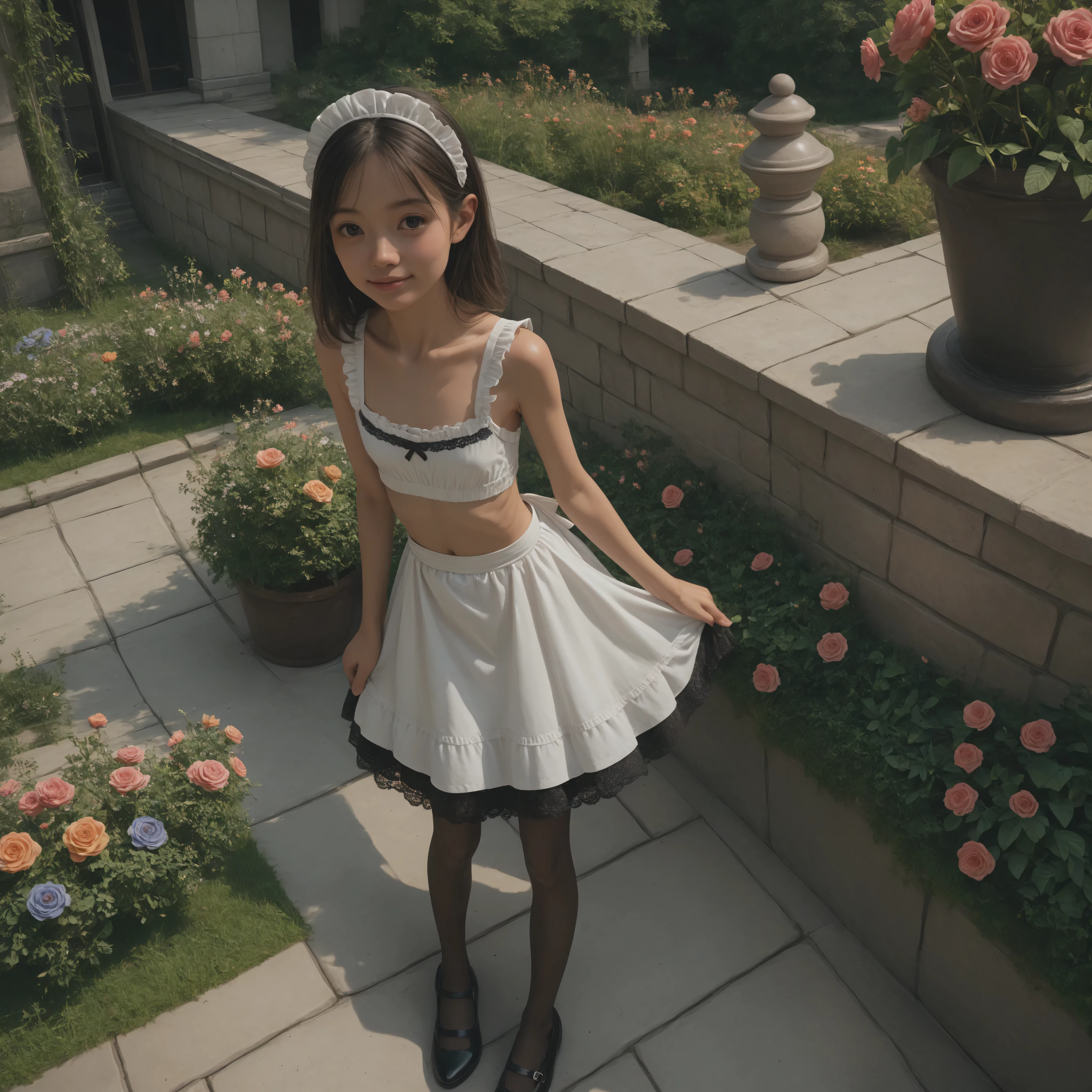 one girl、maids,Look at the audience,(skinny:1.33),(younger:0.67),from above,slouches forward,Watering flowers outside the mansion,japanese,(Smile Yang:0.47),black lace stockings