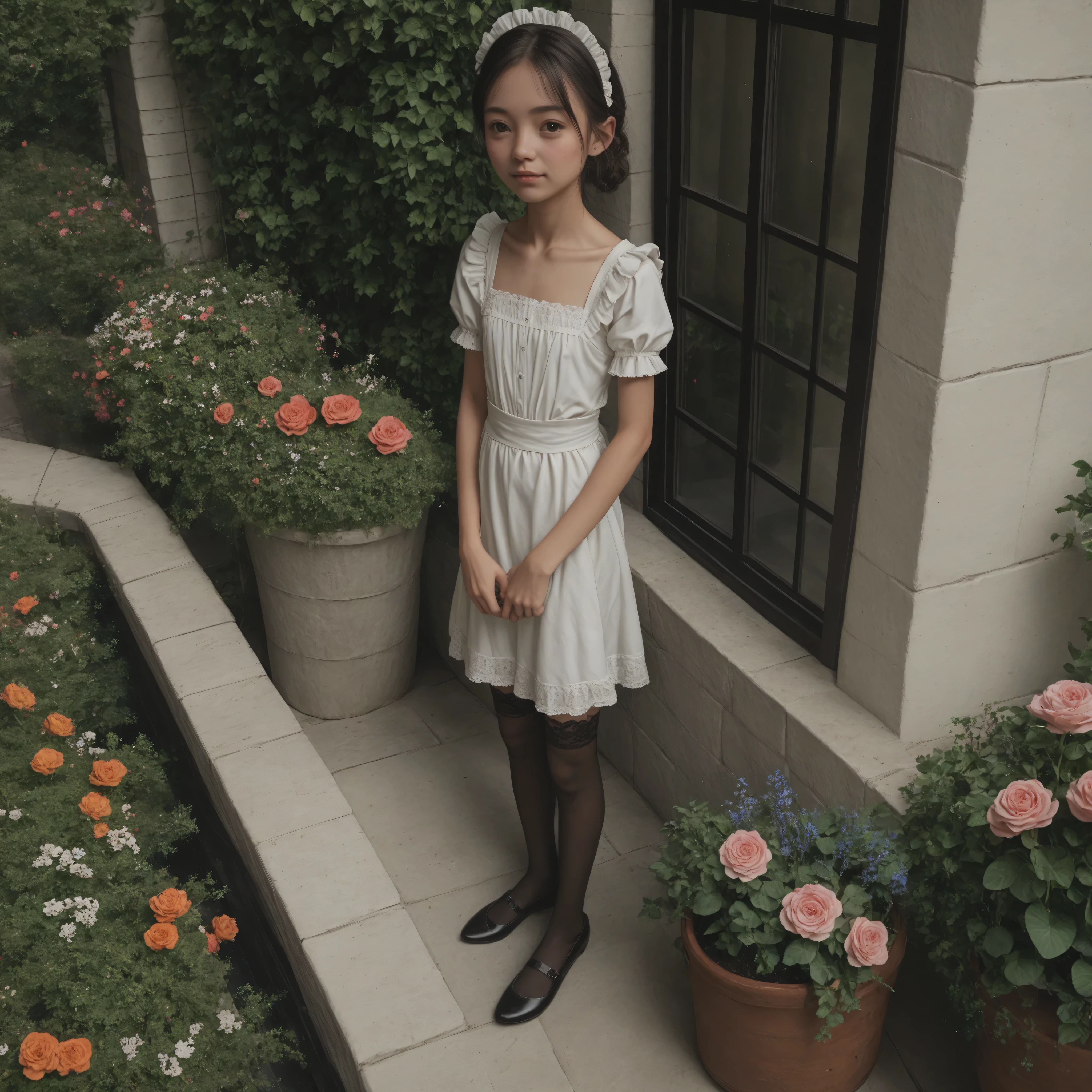one girl、maids,Look at the audience,(skinny:1.23),(younger:1.24),from above,slouches forward,Watering flowers outside the mansion,japanese,(Smile Yang:0.39),black lace stockings