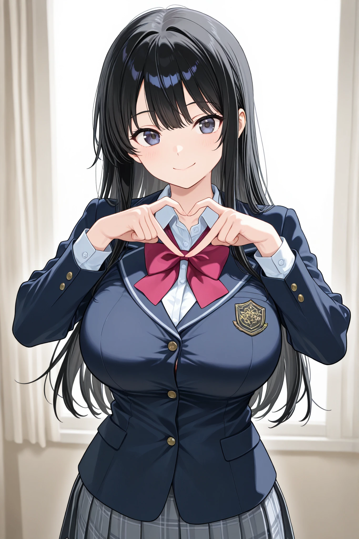 4k,best quality,high resolution,Highest、A woman((16 years old、Short Height、black long hair、big boobs、school uniform、 joy pose））,Highestのデザイン,place((Highestの部屋))、