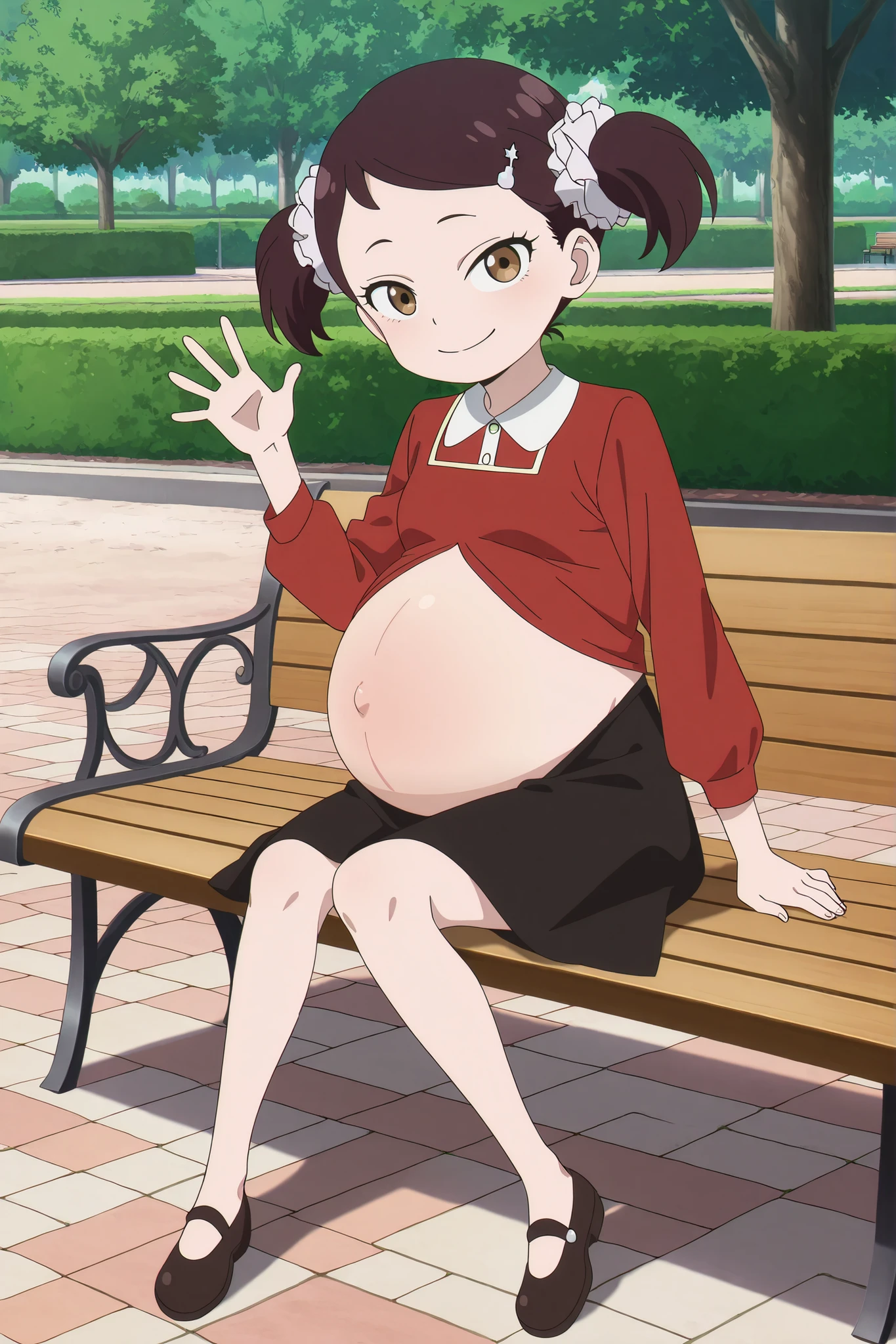 newest, anime coloring, anime screencap, Becky Blackbell,  full body, outdoors, park, park bench, sitting on bench, waving, looking at viewer, pregnant, , pregnant belly, small , solo, 1girl, character alone. Red blouse, black skirt, fetal movement, fetal kick, 