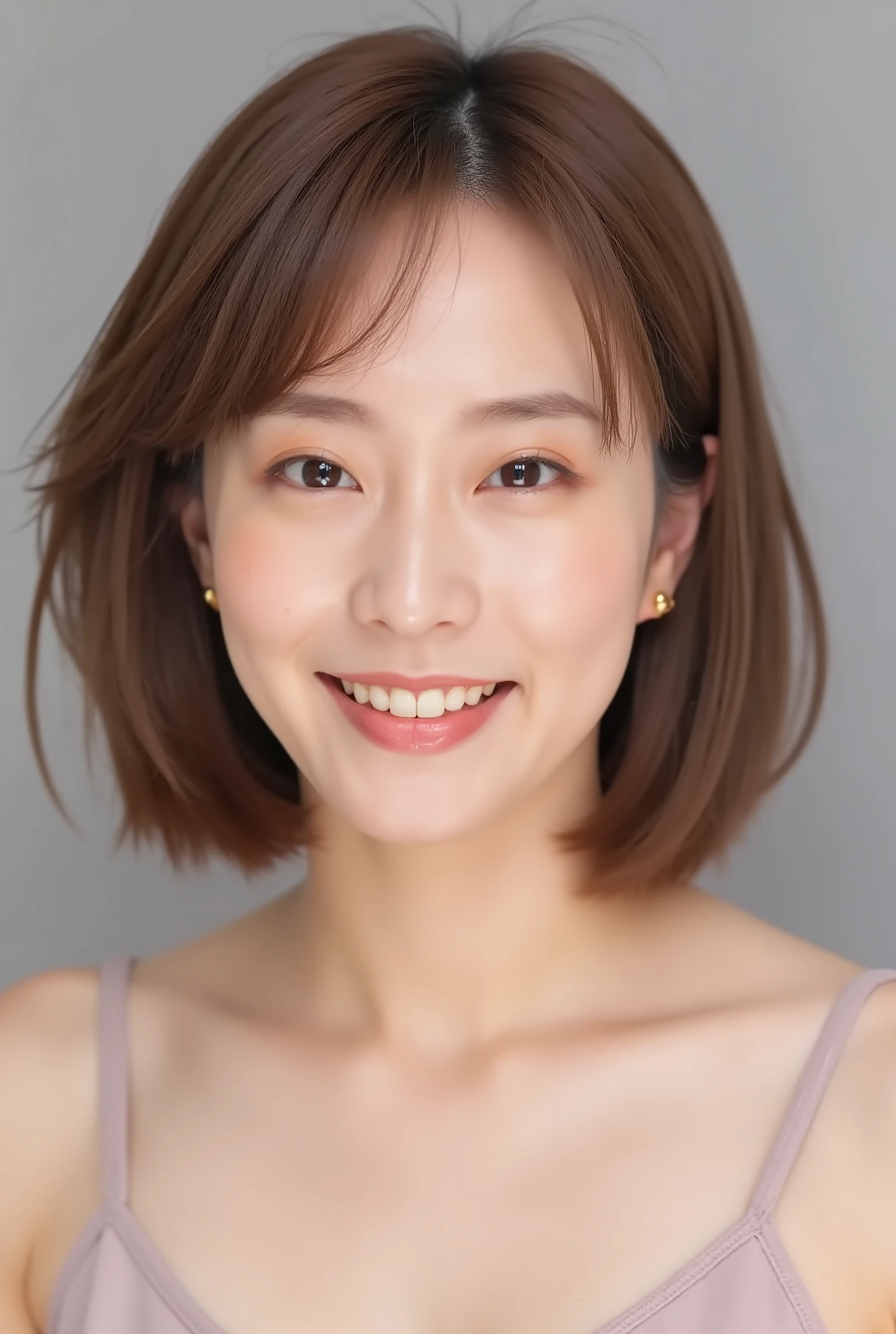 nsfw、(Ass:1.3), ( panties:1.3)、1 Girl, Smile Yang、small boobs、(One piece underwear:1.2)、 (Original photo, Highest Quality), (reality, visible:1.4), 8k、Photogenic、Beautiful details, Beautiful lips details, Highly Detailed Eyes and Faces , grey background