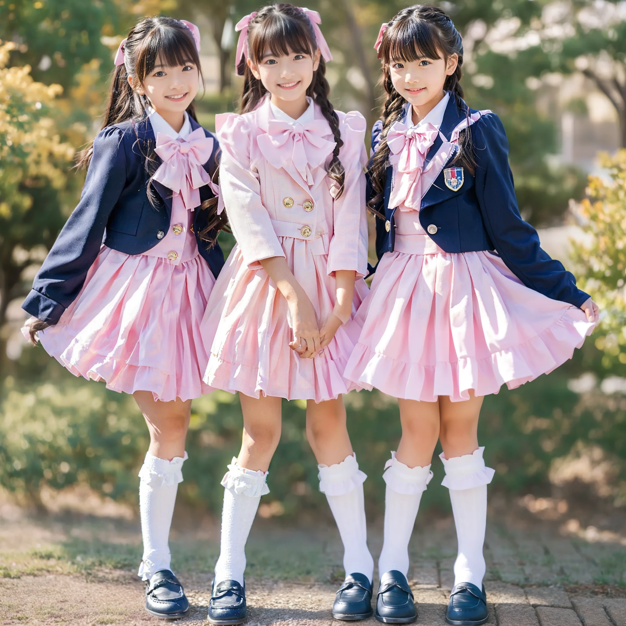 (8k,  Highest Quality, masterpiece,full body:1.2),   super high resolution,  complicated details,  1 Girl,  10 years old,beautiful faces, long hair, Pink school uniform decorated with ruffles and ribbons ,As cute as an idol costume,blazer after face,ribbon tie,Puff Sleeves,long sleeve,ruffle sleeve,pleated skirt,ruffle skirt,ruffle socks,long sleeve,loafers,