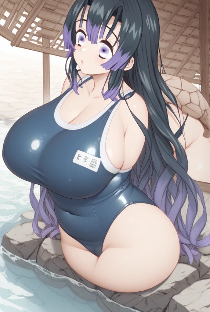 A masterpice, first quality, High_resolution, Fine details, highly detailed and beautiful, Distinct_image, 1个女孩, , black  hair,Blue Eye, (giant ), (titty),Curve,(school swimsuit),,(thighhigh),pools,