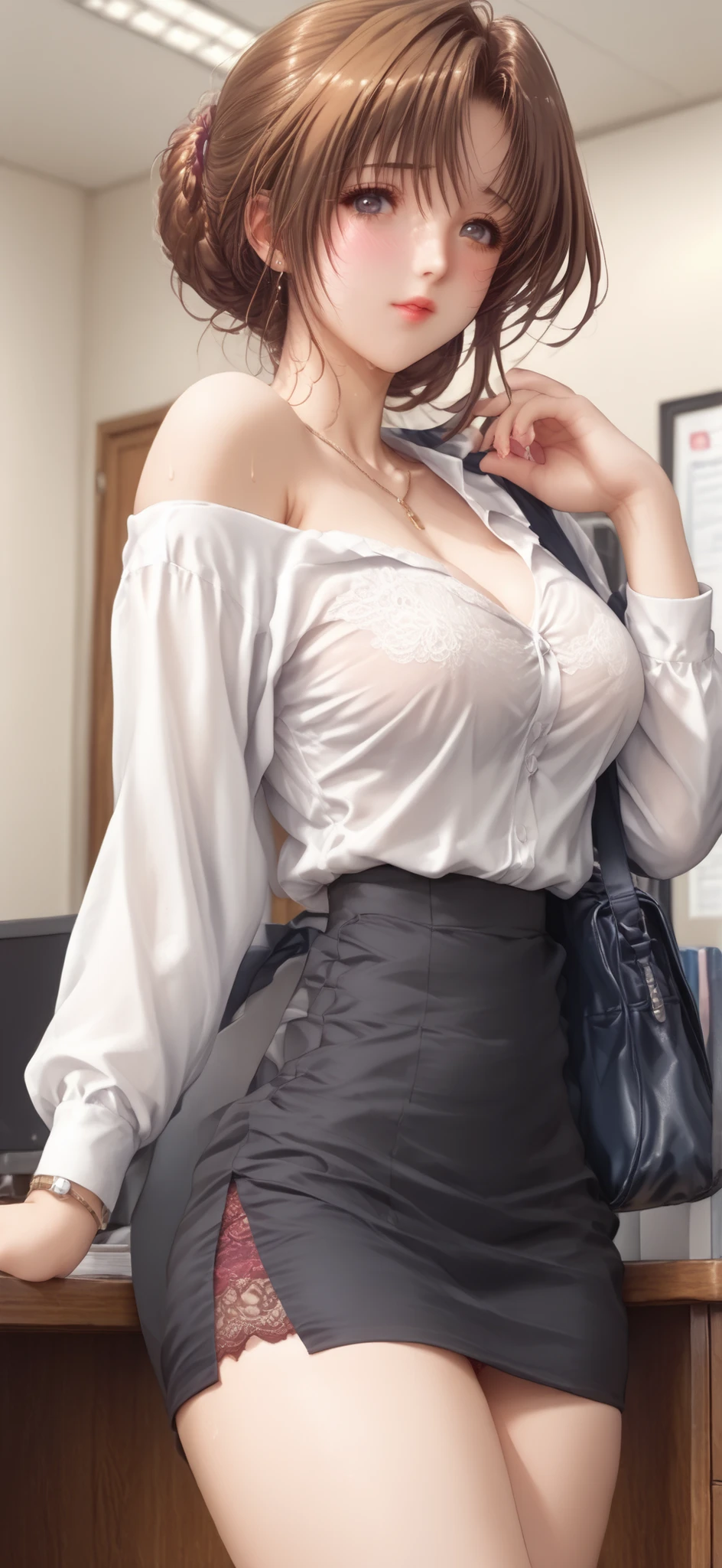 (watch viewers,Eye focus:1.1),masterpiece, Highest Quality, vivid, Very Aesthetic, High Contrast, Semi-Realistic, Newest, mature女,,(1girl,Age 32),office lady,(Ideal Proportional Body:1.5), brown hair, chignon hair, Disconnect, (office lady out fit:1.2), Intercourse at、thighs, mature, embarrassed, soft lights, Advanced Details, Highest Quality, cowboy shot 、off-shoulder shirt covered with BREAK SWEAT、Exposing Lace Bras、Mini Tight Skirt、Glamorous Big Butt、gorgeous thighs、Detailed Details of Big Butts、Firm Big Butt、官能的でGlamorous Big Butt、with my hands on my desk and open my crotch、full body shot with mahiru、Shoot so that the whole body can fit、The skirt is not black、I work in an office、my whole body is shaking、(random sexy pose:1.8)、