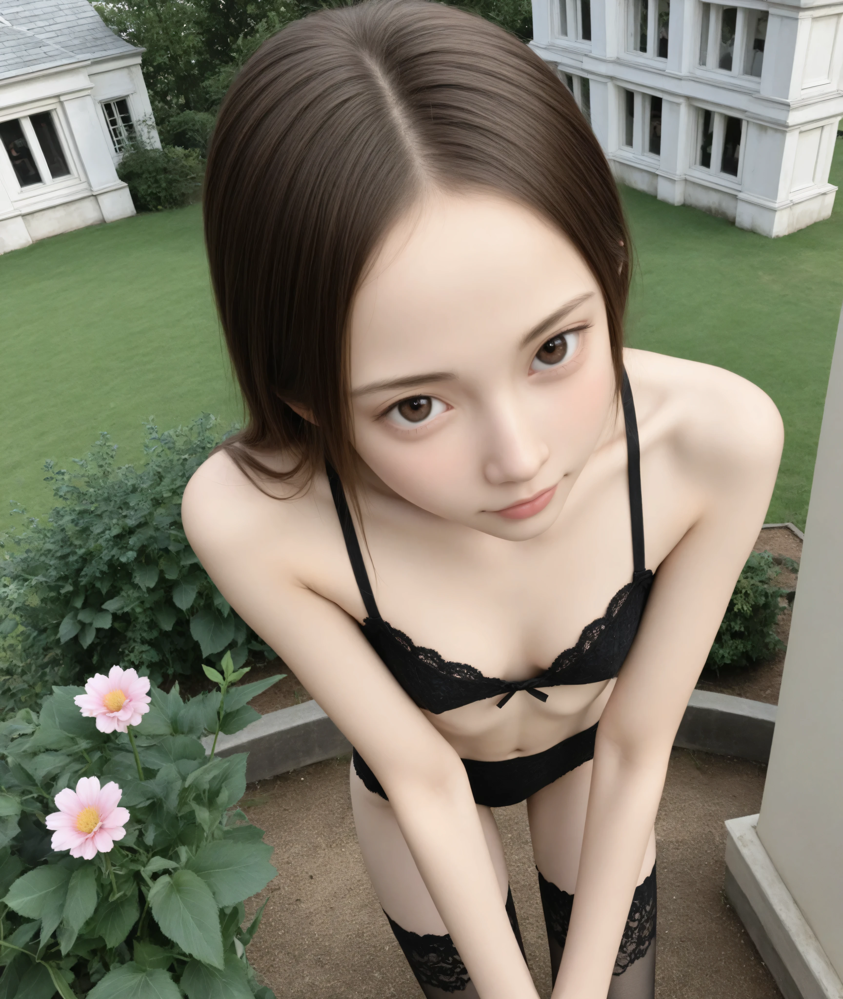 (Biological Corpse Factory)、maids,Look at the audience,(skinny:1.19),(younger:1.12),from above,(medium chest:0.60),に付けたblack lace stockings,slouches forward,japanese,(smile:0.57),black lace stockings,narrow shoulder width