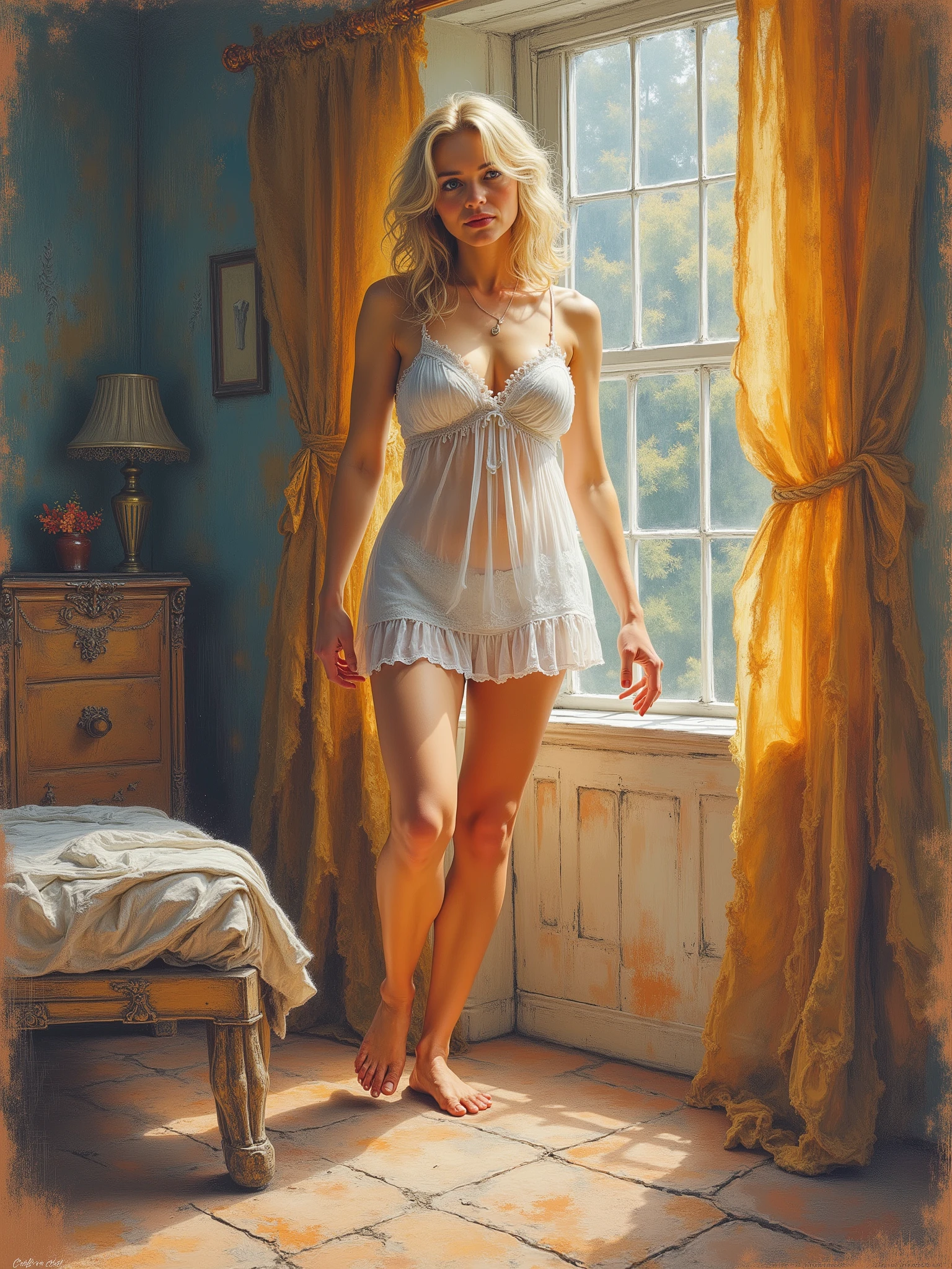 Realistic color pencil drawing by Jean-Auguste Dominique Ingres, complex parts, soft lighting, Delicate shading, bright colors. View of the camera from above at an angle. women's bedroom early in the morning, dynamic pose, Slightly turned head. beautiful women's legs, belonging to a 30-year-old blonde woman in a short translucent nightgown with lace trim. she stands by an open window on an early sunny morning, looks directly at the viewer. The artwork emphasizes the multi-layered textures and expressive brush strokes, emphasizing romanticism through the complex interaction of light and shadow to create depth and emotional subtlety. The composition is balanced, with the contrast between muted backgrounds and bright, rich colors, that enhance. with an emphasis on the emotional intensity of the moment, in the style of Greg Rutkowski, with dynamic lighting and detailed textures, in 8K resolution, has a lot of complex details, high detail, hyperrealism, noir style, digital, warm colors