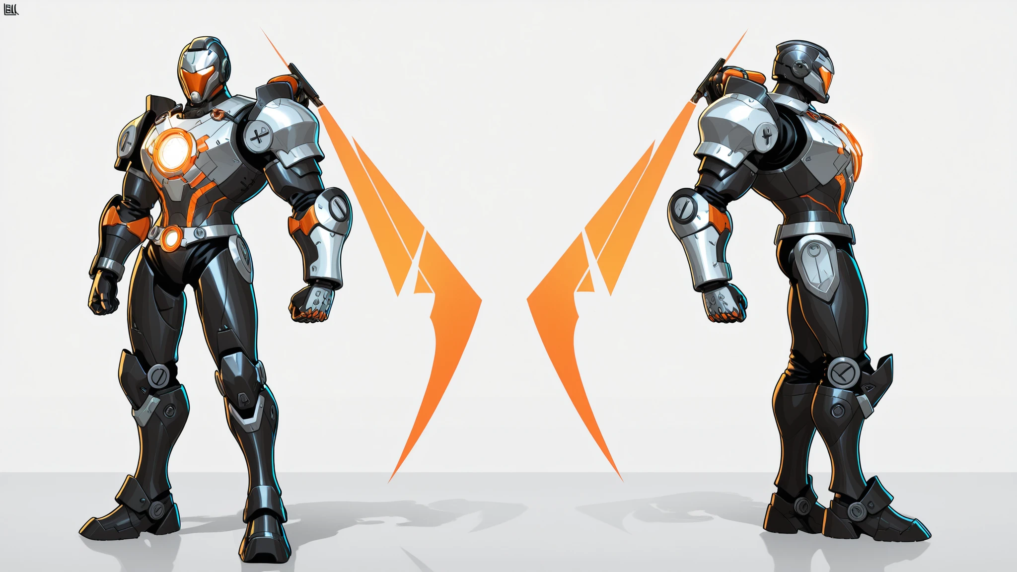 A upperbody of shutdown ironman armour hanging in chains, shutdown helmet is attached to the armour, the armour has no legs and no thighs, orange colour with silver accents, triangular arc reactor on the chest, sleek athletic body, 2D cartoon style, 8K ultra HD, high quality, internal wires coming out of the armour, bold black outlines, side view, white background 