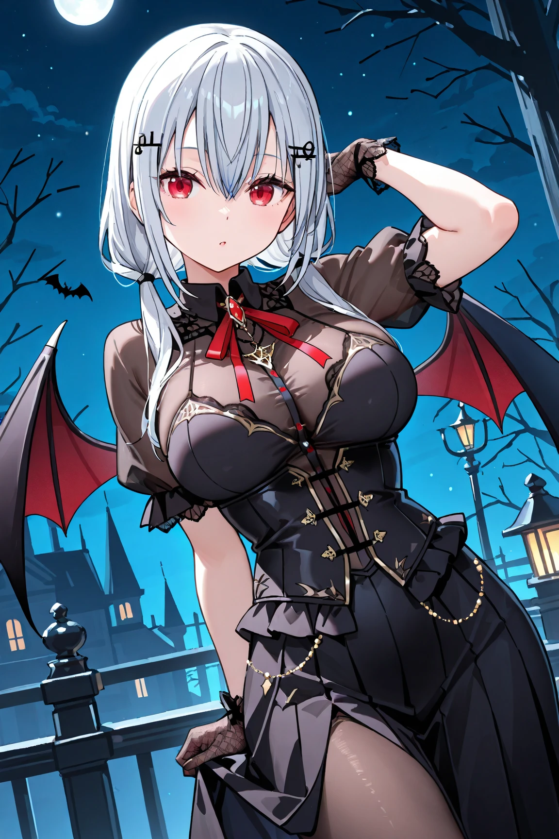 (16k), (highest quality:1.2), (Very detailed:1.2), ((Anime Style)), (figure:1.2), (Concept Art:1.2), (texture:0.5),
break
(Beautiful woman detail:1.1), (sheep devil horns:1.4), (The presence of bat wings on the back), (Red eyes:1.3), bangs, Hair between the eyes, (Adult), ((Silver Hair)), (Long Hair), (???????????:1.4), plump, Curvy,
break
(masterpiece background), Outdoor, In the middle of the cemetery, (The entrance to hell opened behind me:1.4), Ominous dark clouds, (Flames at your feet:1.3), Fantasy medieval world, horns curved elegantly, Fascinating, Reflection of light, Ancient symbols, Tattered Black Wings, Mysterious glow, 苔むした古いGravestoneの細部まで再現, Dilapidated chapel, far, Rusty iron gate, Gnarled wood, Twisted branches, Silhouetted against a fiery sky, Cast long shadows, Gravestone, Uneven ground, Creeping Fog, Glowing Embers, Eerie Glow, Intense surrounding atmosphere, Disturbing winds, (Night creatures, Hidden in the Dark, From the entrance to hell, Sparkling eyes, An ominous energy emanates), jagged rocks, Framing Portal,
break
(Dontan Dress:1.4), (Dongtan Style), elegant, Exquisite Jewelry, Adorned with black jewels, Accessorized with gold spider-shaped jewelry and stiletto heel shoes.,
break
stylish hairstyle with twisted horns emerging from the tresses., eyes of Fascinating ruby gleaming with otherworldly allure., 彼女の唇にはいたずらっぽくもFascinating笑みが浮かんでいる., Seductive posture, Browsing Caution, (Depth), (Depth of written boundary), (Cowboy Shot), Face close-up, Upper Body, Subjective and from below, Detailed face, Enryom, stomach, Face Focus, Shining Face, Open your mouth, (tooth:1.3), (Open your wings:1.4)