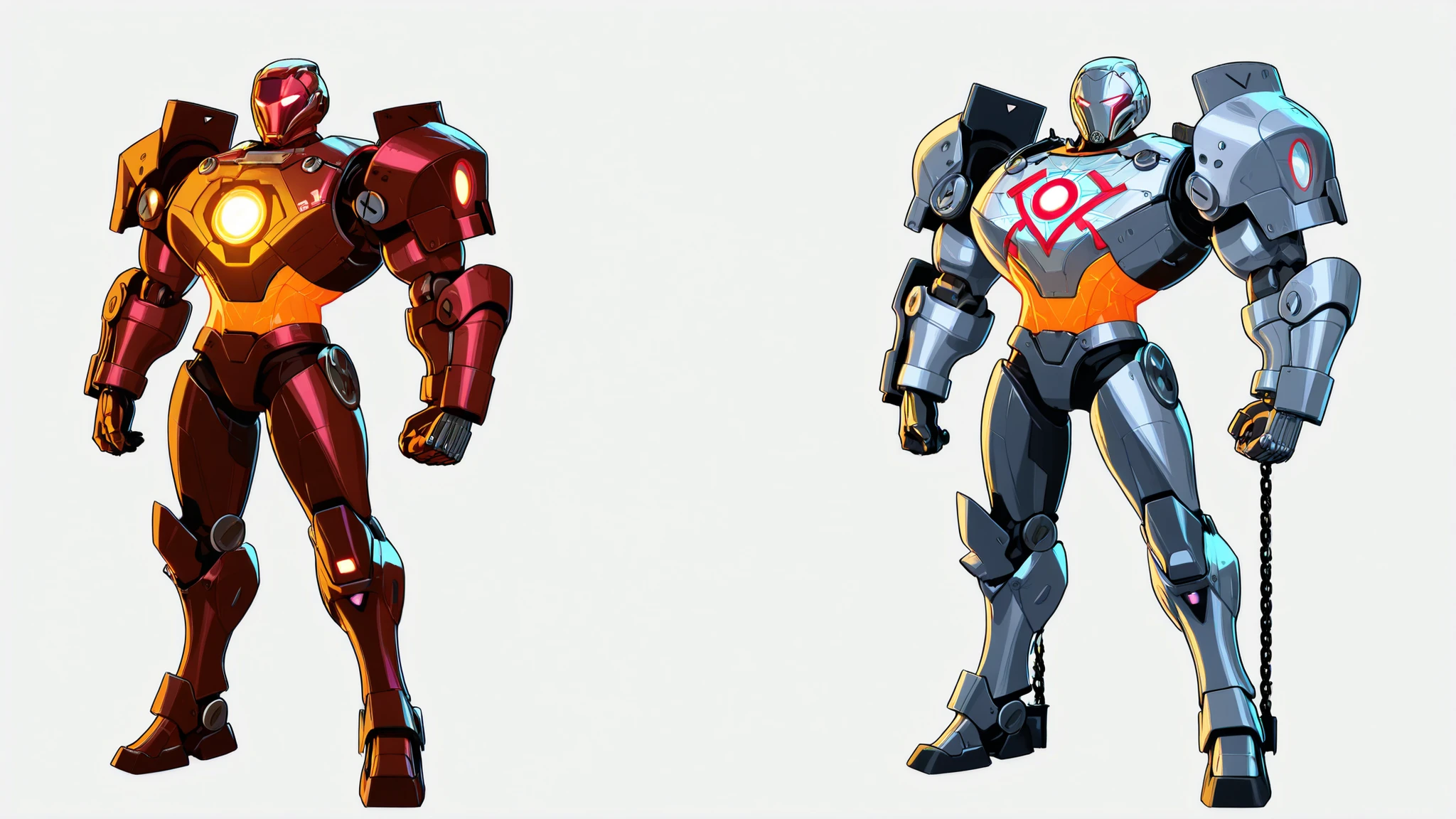 A upperbody of shutdown ironman armour hanging in chains, shutdown helmet is attached to the armour, the armour has no legs and no thighs, orange colour with silver accents, triangular arc reactor on the chest, sleek athletic body, 2D cartoon style, 8K ultra HD, high quality, internal wires coming out of the armour, bold black outlines, white background