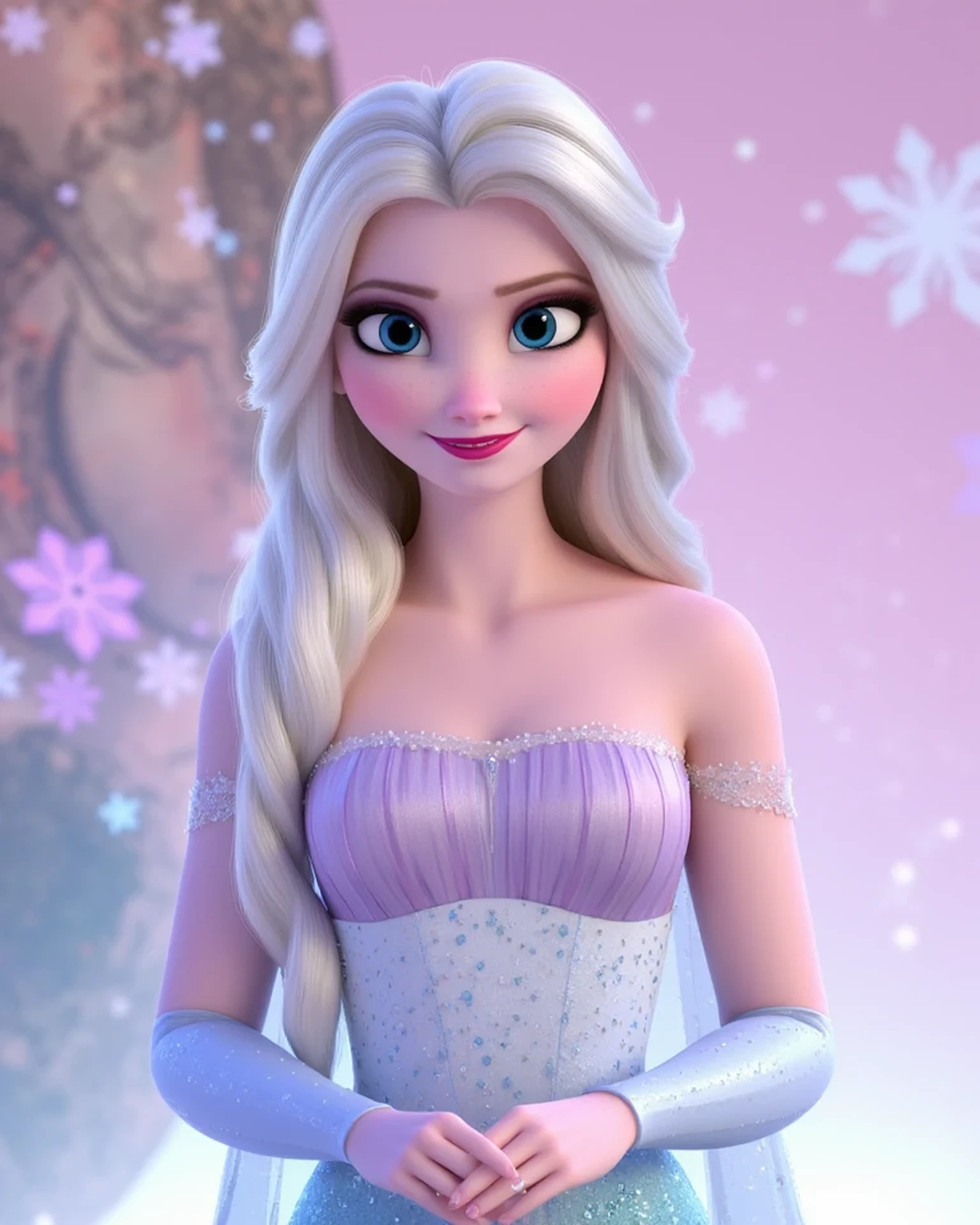 A beautiful young woman inspired by both Elsa (Frozen) and Taylor Swift, with a graceful and magical aura.
She has long wavy platinum-blonde hair with icy-blue highlights, bright blue expressive eyes, and soft glowing skin.
Her outfit combines Elsa’s icy elegance and Taylor Swift’s stage glamour — a shimmering silver-blue gown with subtle gold sparkles, fitted at the waist, with a flowing translucent cape.
Background: softly glowing snowflakes and pastel stage lights, giving a dreamy concert atmosphere.
Her expression is confident yet kind, elegant posture, cinematic lighting, ultra-realistic, 4K, fantasy + pop fusion style.