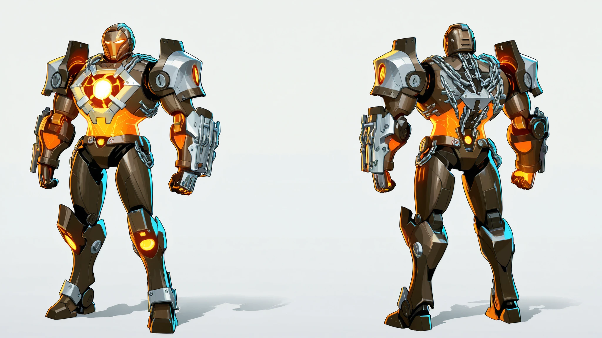 A upperbody of shutdown ironman armour hanging in six chains, shutdown helmet is attached to the armour, the armour has no legs and no thighs, orange colour with silver accents, triangular arc reactor on the chest, sleek athletic body, 2D cartoon style, 8K ultra HD, high quality, internal wires coming out of the armour, bold black outlines, white background 
