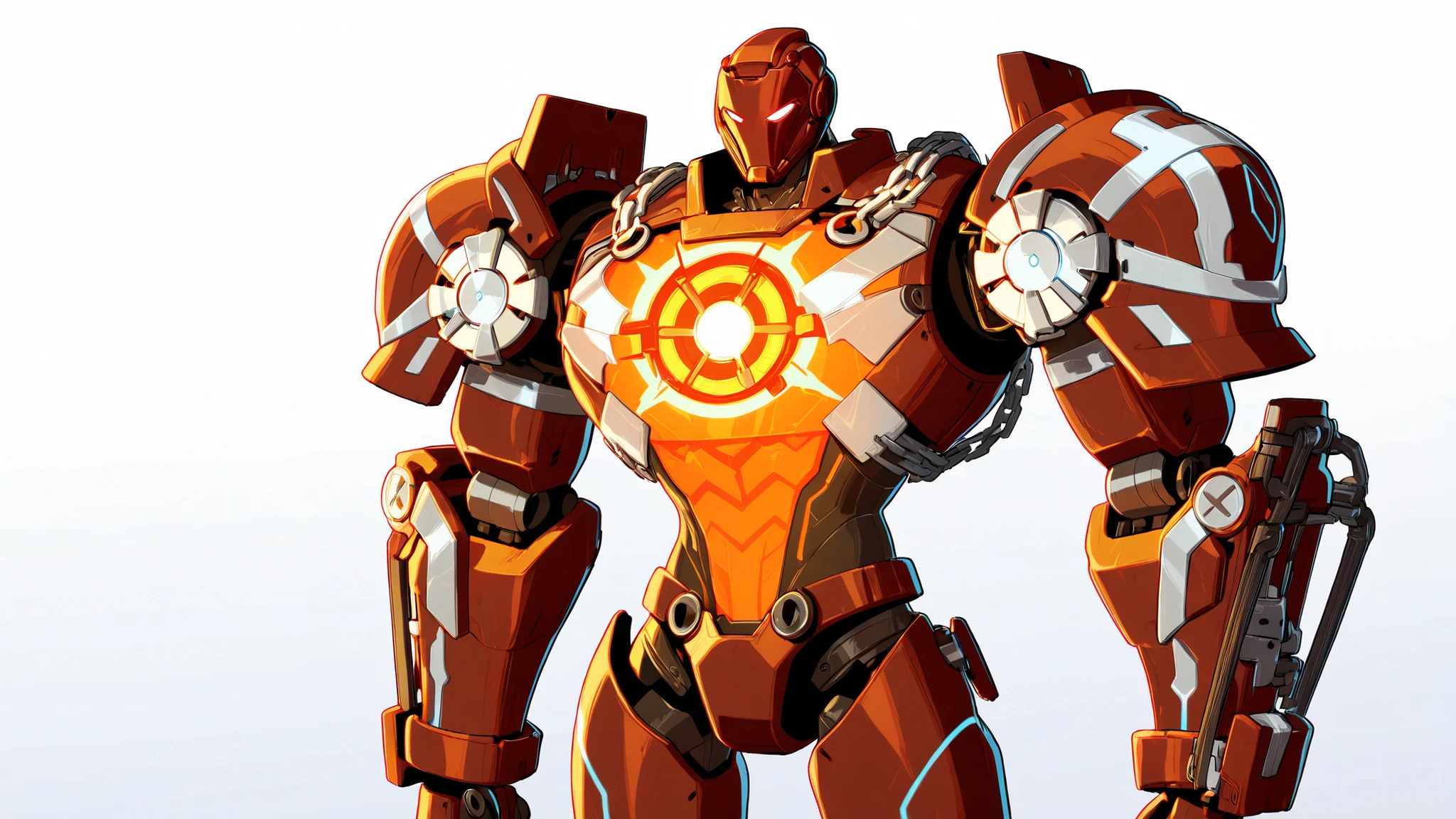 A upperbody of shutdown ironman armour hanging in six chains, shutdown helmet is attached to the armour, the armour has no legs and no thighs, orange colour with silver accents, triangular arc reactor on the chest, sleek athletic body, 2D cartoon style, 8K ultra HD, high quality, internal wires coming out of the armour, bold black outlines, white background