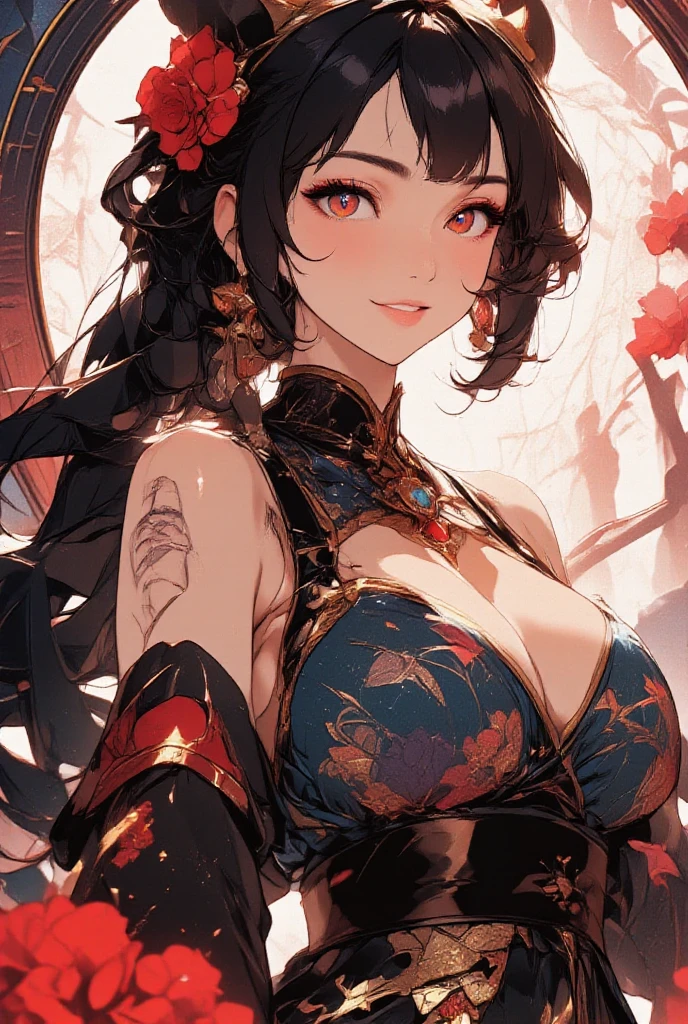 Seven Rhaeyar (Deylta), Ancient Star goddess, Perfect female ??????? (Royal, Adult Female, 166cm in height, pale skin, slim, slender, 34D ?????? size, She has long Black Hair, Her eyes are gray, a set of black colored horns on her head), Neutral facial expression, Elegant black uniform dress, female choker accessory, dragon motifs, silver and rope accessories, Simple Black Background, receiving light from the front, Ethereal glow, Blue rose petals surrounding her, Japanese inspired