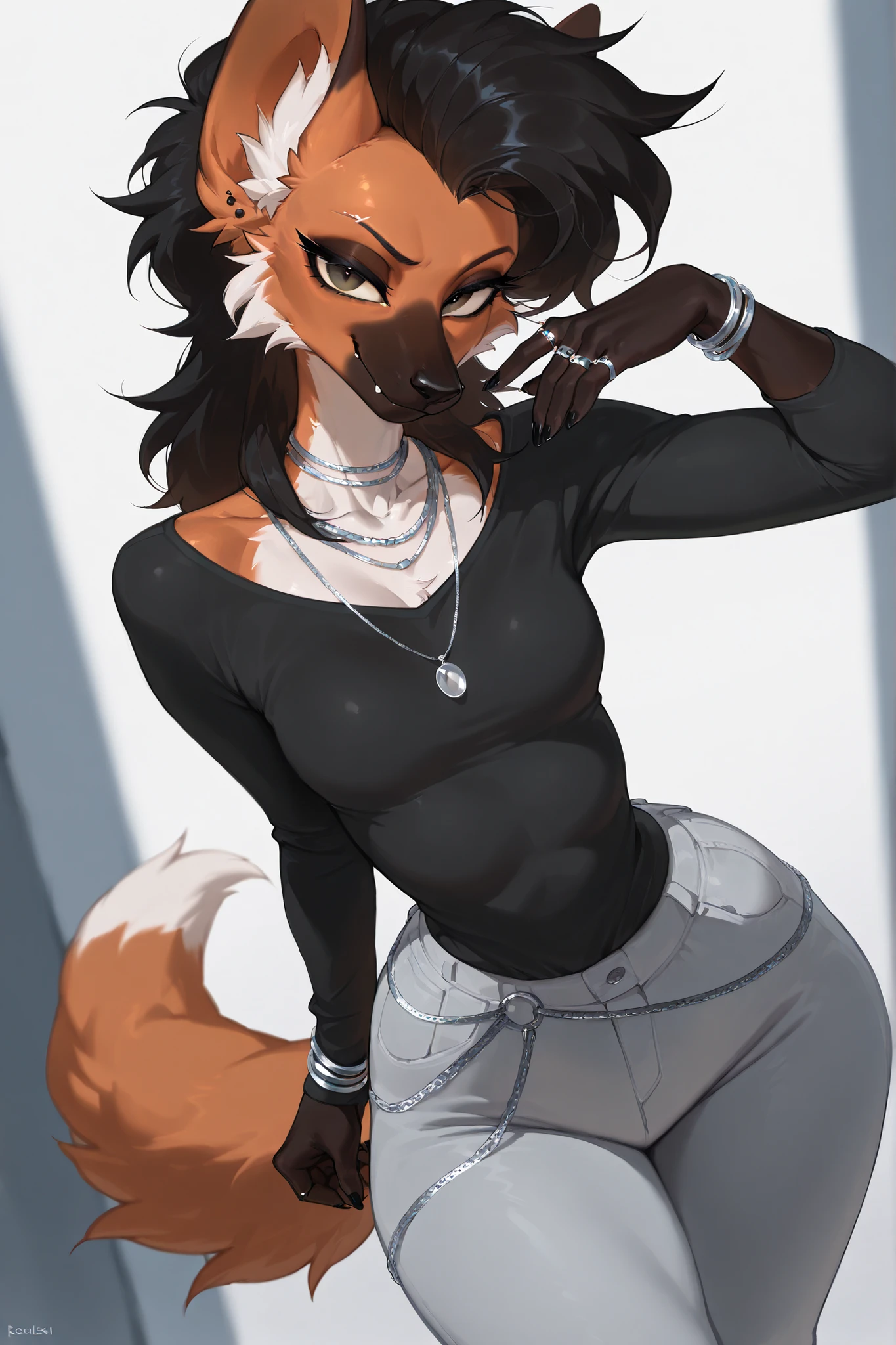 best quality, masterpiece \(quality\), L0LSPL4SH, year2024, year2023, West Studio, sixmorevodka, 1girl, by Riolutiny, solo, anthro_only, ((maned wolf)), fluffy, small breasts, (wide hips), ((wearing edgGrunge_clothing)), ((silver jewelry, rings, bracelets, necklace)), ((round ears)), oversized black shirt, baggy pants, silver details, fluffy hair, black hair, mohawk, tall dommy mommy, L0LSPL4SH, blurry foreground, blurry background, IllusP0s, cyberpunk, looking at viewer, long eyelashes, hyperhandles, mean, smug, long black nails, black paw pads, (dynamic angle, posing, 3/4 view), ((golden tusks)), dominant female