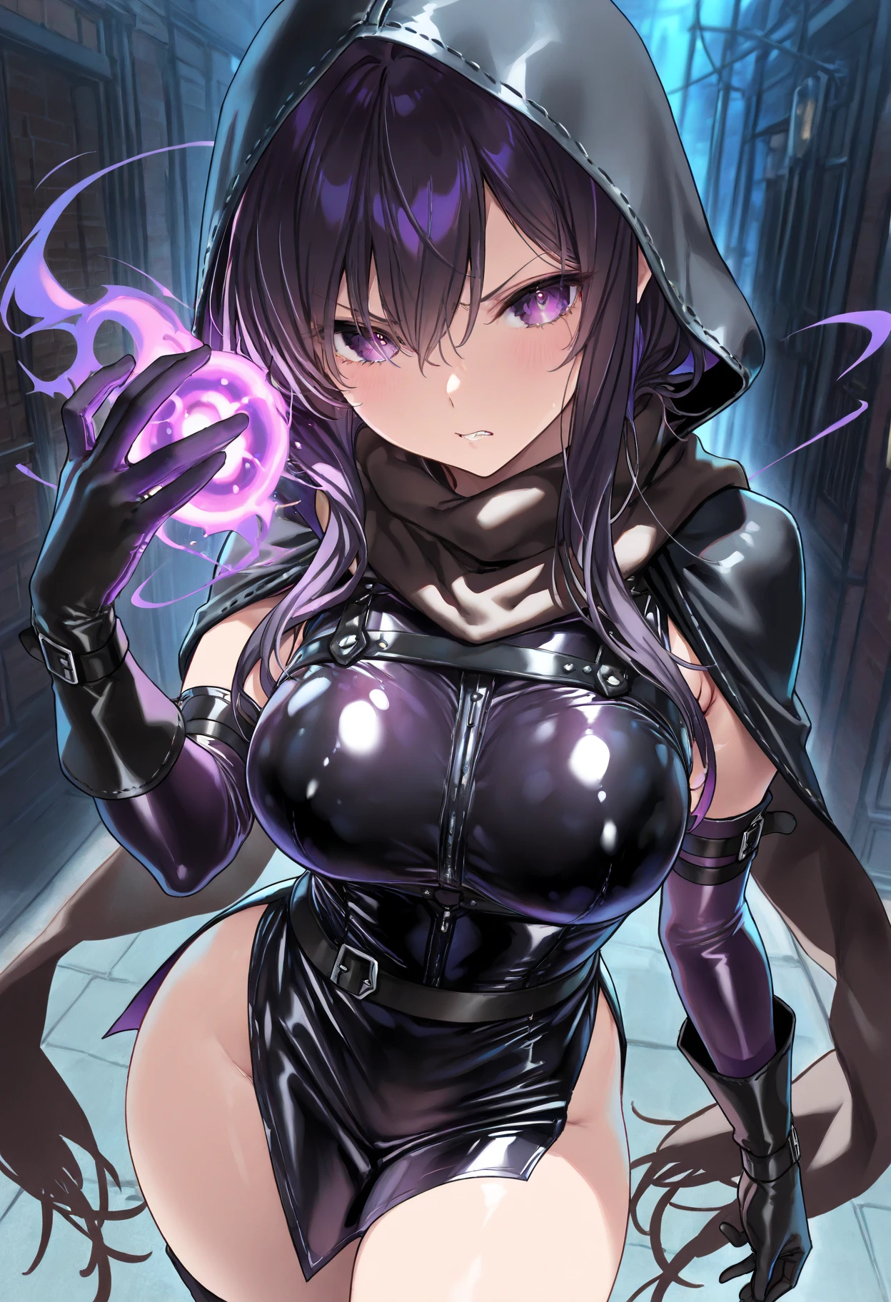 High resolution,Sharp focus,(Super detailed,Very detailed),(Very detailed CG unity 8k wallpaper),(((Vibrant colors)))、
One Girl、DQ Minnea, Purple Hair、skin tanned, shiny skin,very shiny skin,Shiny body,plastic glitter skin,exaggerated shiny skin,illuminated skin))),
Complex eyes,Beautiful fine details,Symmetrical eyes,Big eyes:1.5,Seductive eyes, (((dark skin,dark_skin,lustrous skin:1.5,bright skin: 1.5,
((Detailed body)),(Detailed face)), cute,,,Bold,,
Revealing clothing,show skin,slant eyes,Circlet, Earrings, Silver Choker, Silver Bracelet,gleaming skin, wet skin, (Flying debris, 超High resolution),Wear an iridescent aura,
Invisible Light, Amazing shine, Neon orange glow, The colors of another world,Creepy underground labyrinth,Darkness without light deep underground,Dangerous Dungeon,dark,Slimy,Mysterious atmosphere,rubble,cracked cobblestone,Mossy wall,fog,big puddle on the floor,(((vulgarity))), of ,My whole body is wet,, , restrained, , trembling,