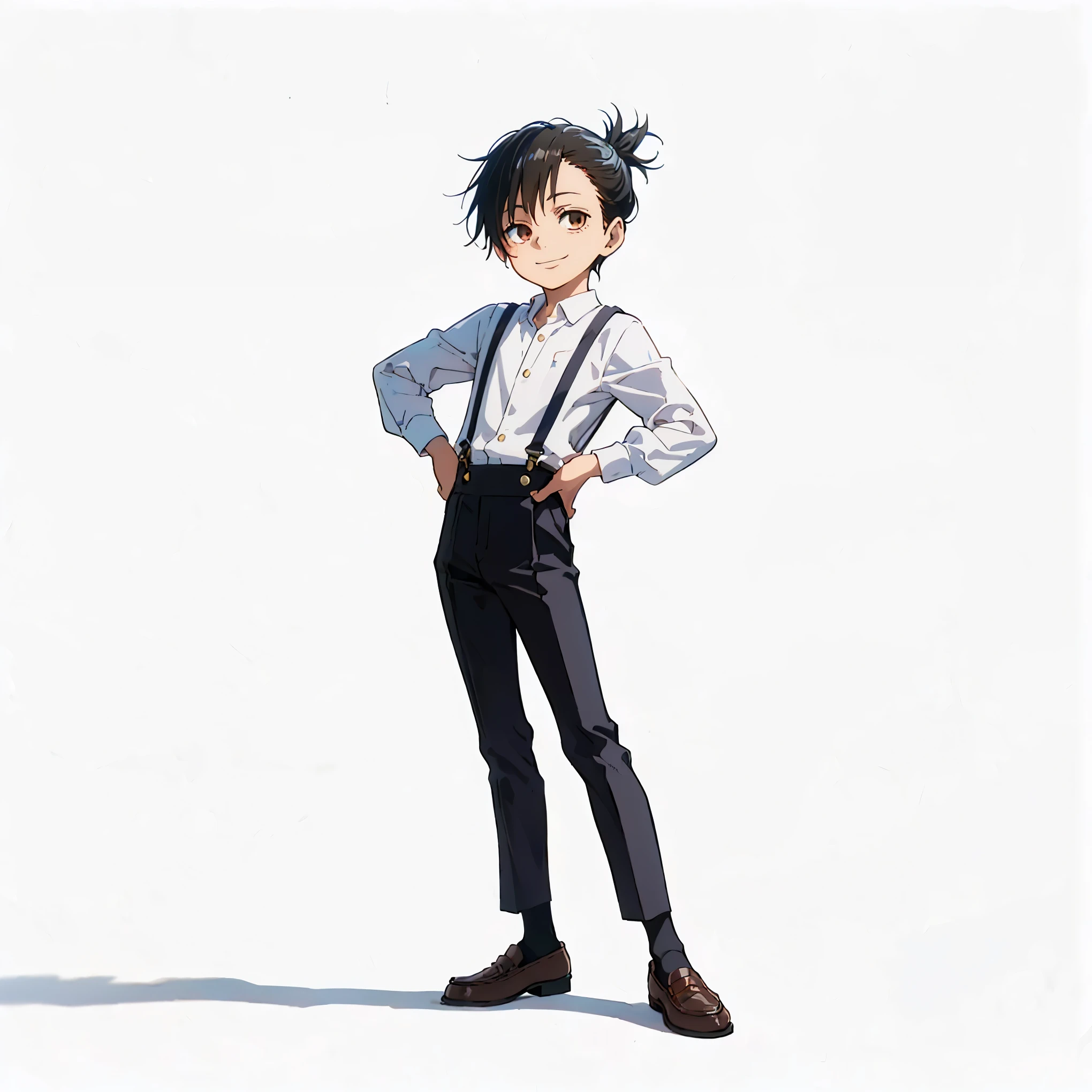 (male), (child boy), (slim body), (black hair), (short tidy hairstyle), (brown eyes), (smiling expression), (solo), (single character), (full body version), (white background), (no background), (highly detailed), (shadow), (standing pose), (natural light), (detailed outfit), (detailed hand), (detailed face), (detailed hair)  
Wearing a neat city rich boy outfit consisting of a white buttoned shirt with a small vest, short tailored trousers, suspenders, knee-high socks, and polished brown loafers. (Jujutsu kaisen style art)