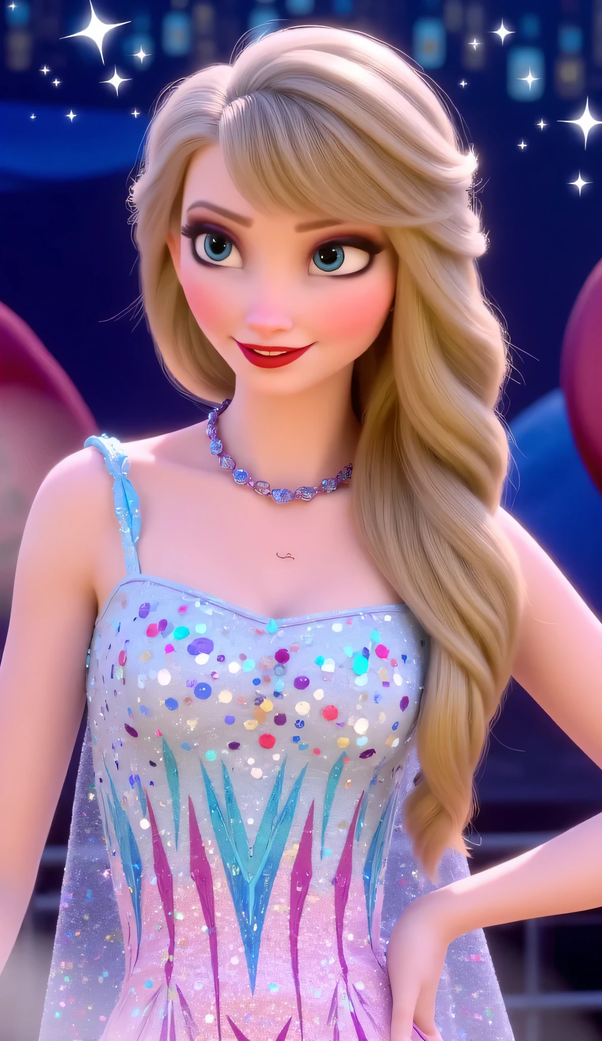 A beautiful young woman inspired by both Elsa (Frozen) and Taylor Swift, with a graceful and magical aura.
She has long wavy platinum-blonde hair with icy-blue highlights, bright blue expressive eyes, and soft glowing skin.
Her outfit combines Elsa’s icy elegance and Taylor Swift’s stage glamour — a shimmering silver-blue gown with subtle gold sparkles, fitted at the waist, with a flowing translucent cape.
Background: softly glowing snowflakes and pastel stage lights, giving a dreamy concert atmosphere.
Her expression is confident yet kind, elegant posture, cinematic lighting, ultra-realistic, 4K, fantasy + pop fusion style.