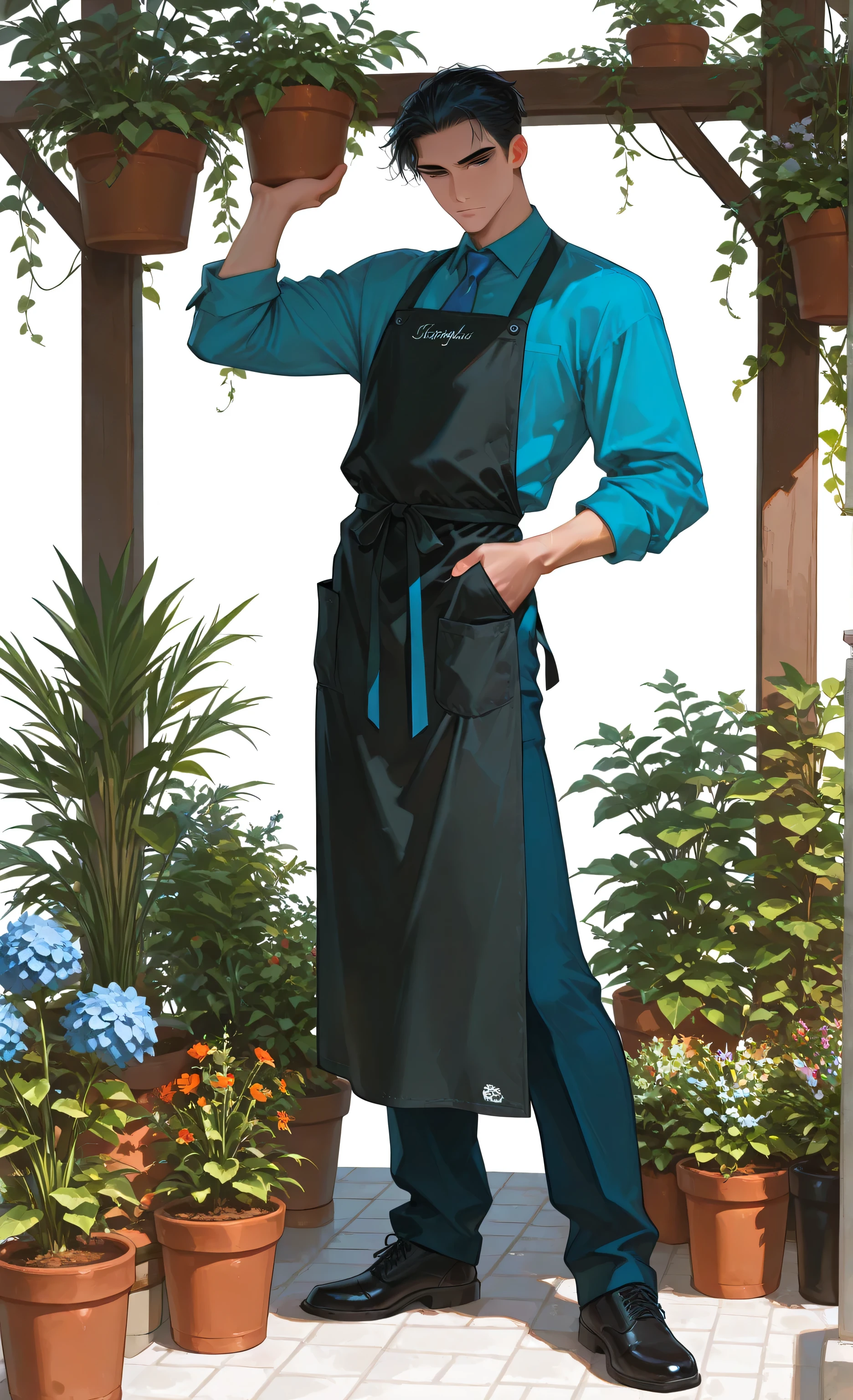 1 male, handsome, lying, messy Black hair, 1 man, dark hair, male full body, handsome man, thickly painted, perfect Eyes, Masterpiece, best quality, absurdres, amazing quality, {{{full body}}}, standing illustration, florist, wearing a florist's apron, long work apron, {{black work apron}}, holding a Potted flowers, black hair, white background, posing, Navy blue dress shirt, light blue tie,