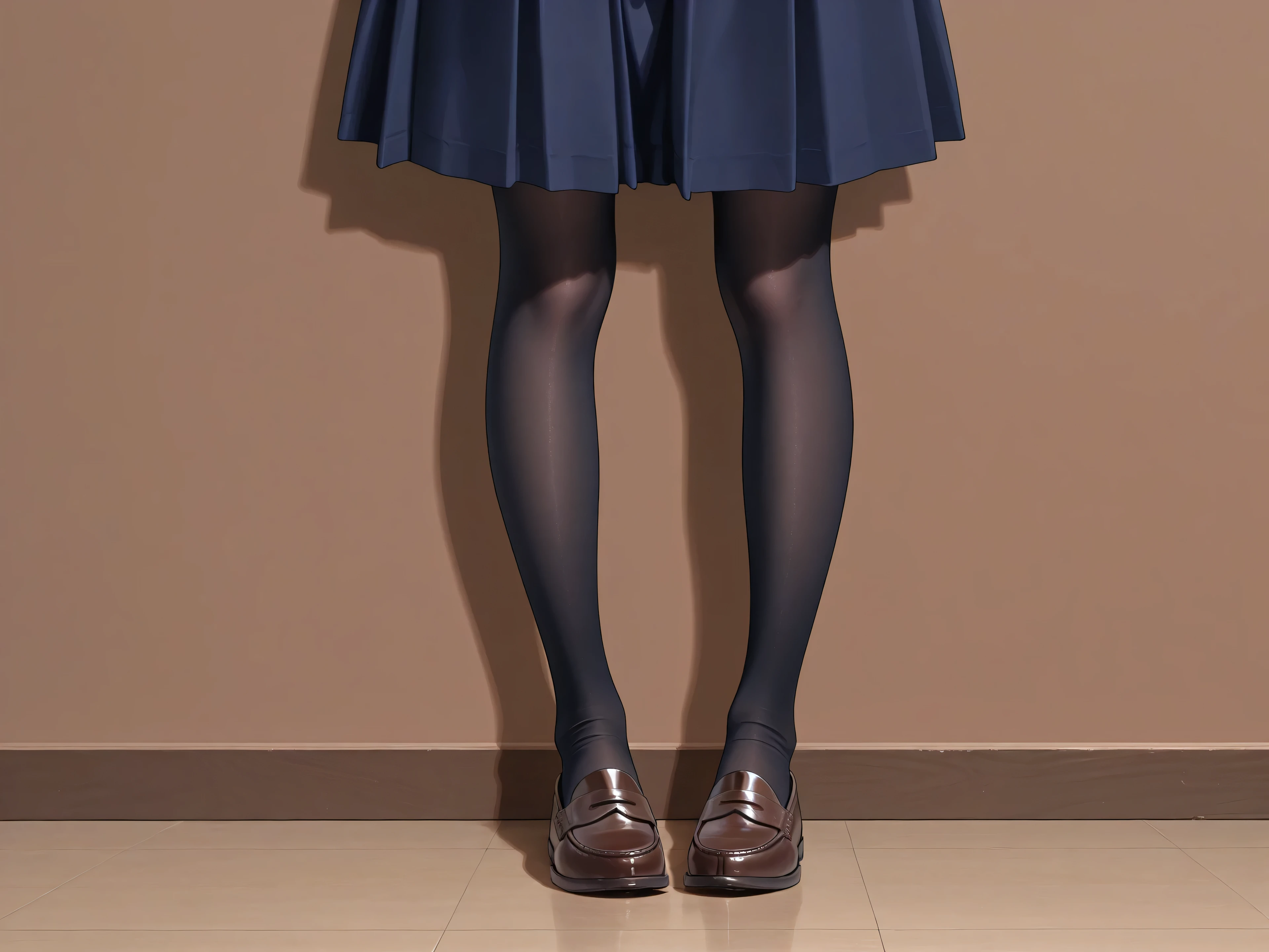 facing front,black tights,loafers,dark blue skirt,lower body,Focus on Your Feet,Brown wall,wide shot