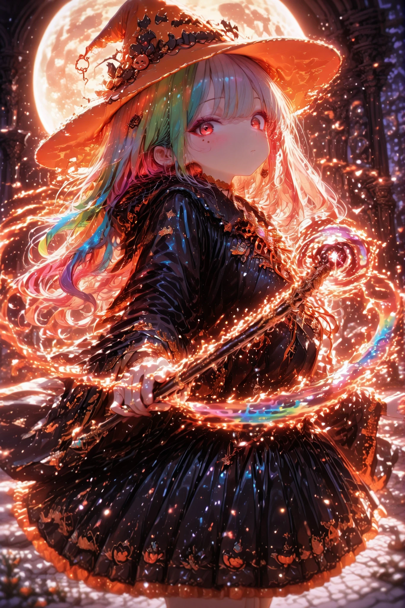 Masterpiece high resolution excellent quality girl ,  rainbow hair , Red Eyes , modest folk dress, orange Halloween hat , opening a mystical portal with a magic Halloween candy wand , Under the Golden Moon , beautiful face very detailed, wavy hair , eyeliner eyes , alone 