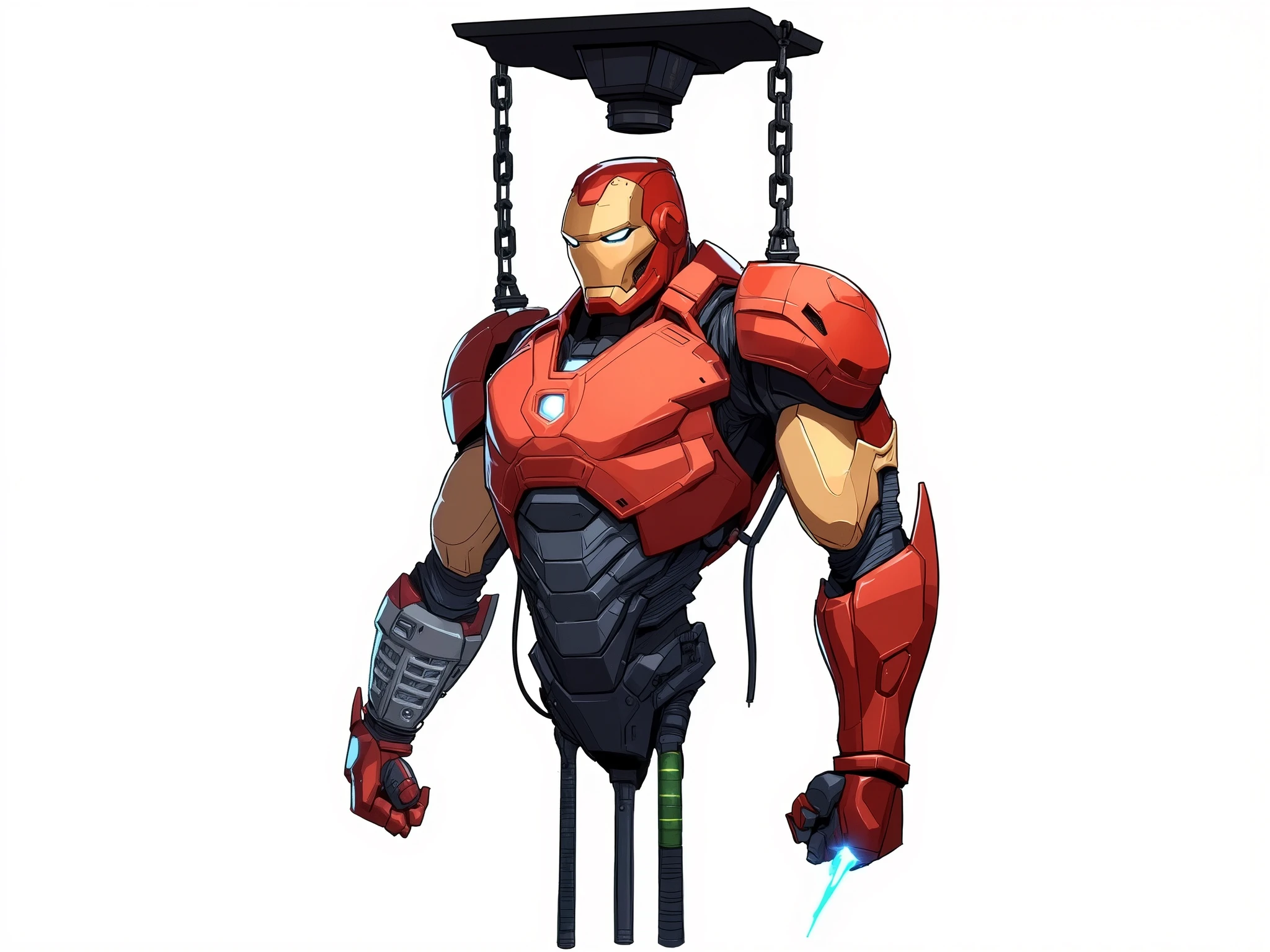 A upperbody of shutdown ironman armour hanging in chains, shutdown helmet is attached to the armour, the armour has no legs and no thighs, orange colour with silver accents, triangular arc reactor on the chest, sleek athletic body, 2.5D cartoon style, 8K ultra HD, high quality, internal wires coming out of the armour, bold black outlines, white background, dynamic view, side view 