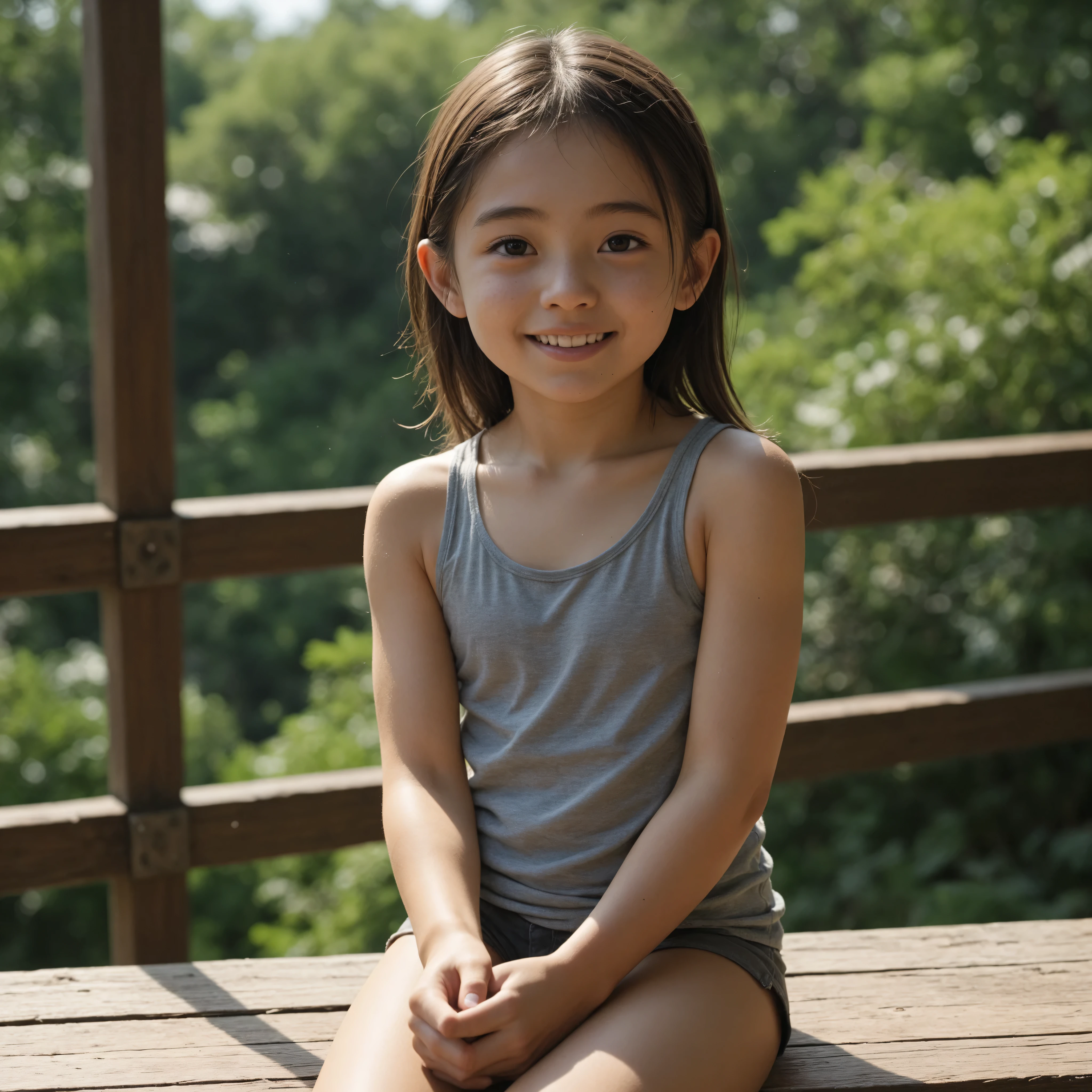 one girl、are wearing tank tops、raise your hand and look at your armpits taken from behind,Rating_Safety,(skinny:0.63),(younger:0.18),japanese,people sitting down 、Look at the audience,(Smile Yang:0.94)